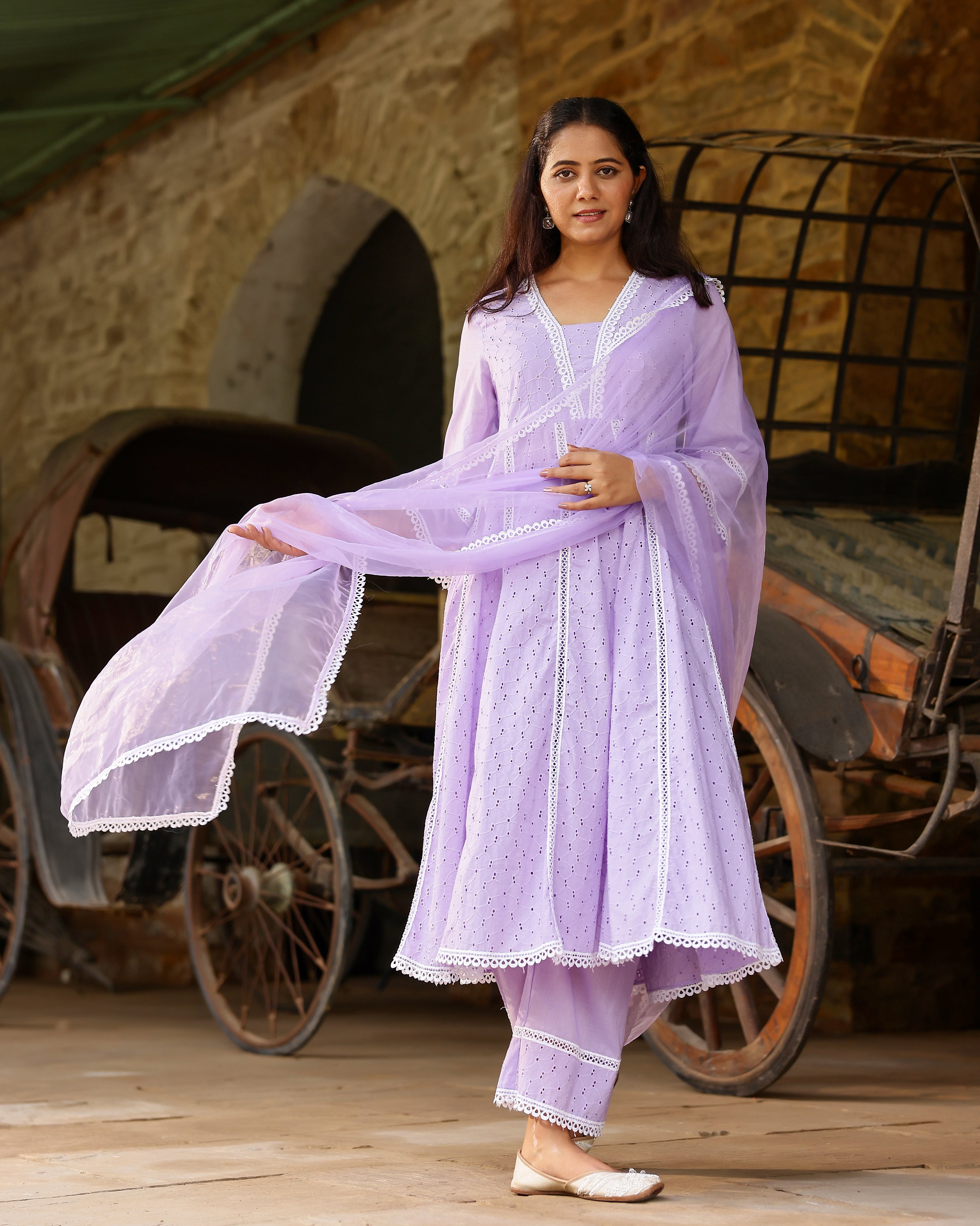 Lilac Serenity Cotton Schiffli Anarkali Set