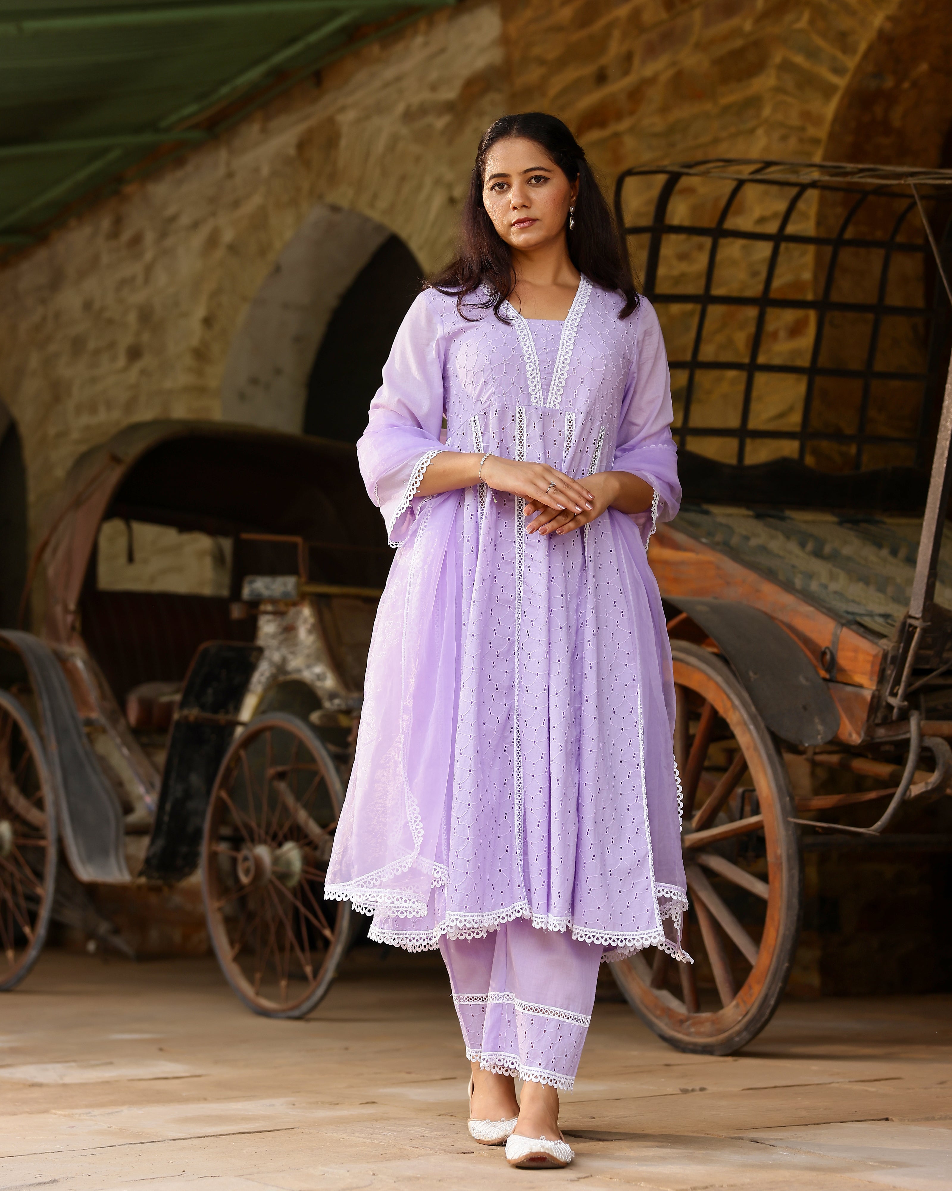 Lilac Serenity Cotton Schiffli Anarkali Set