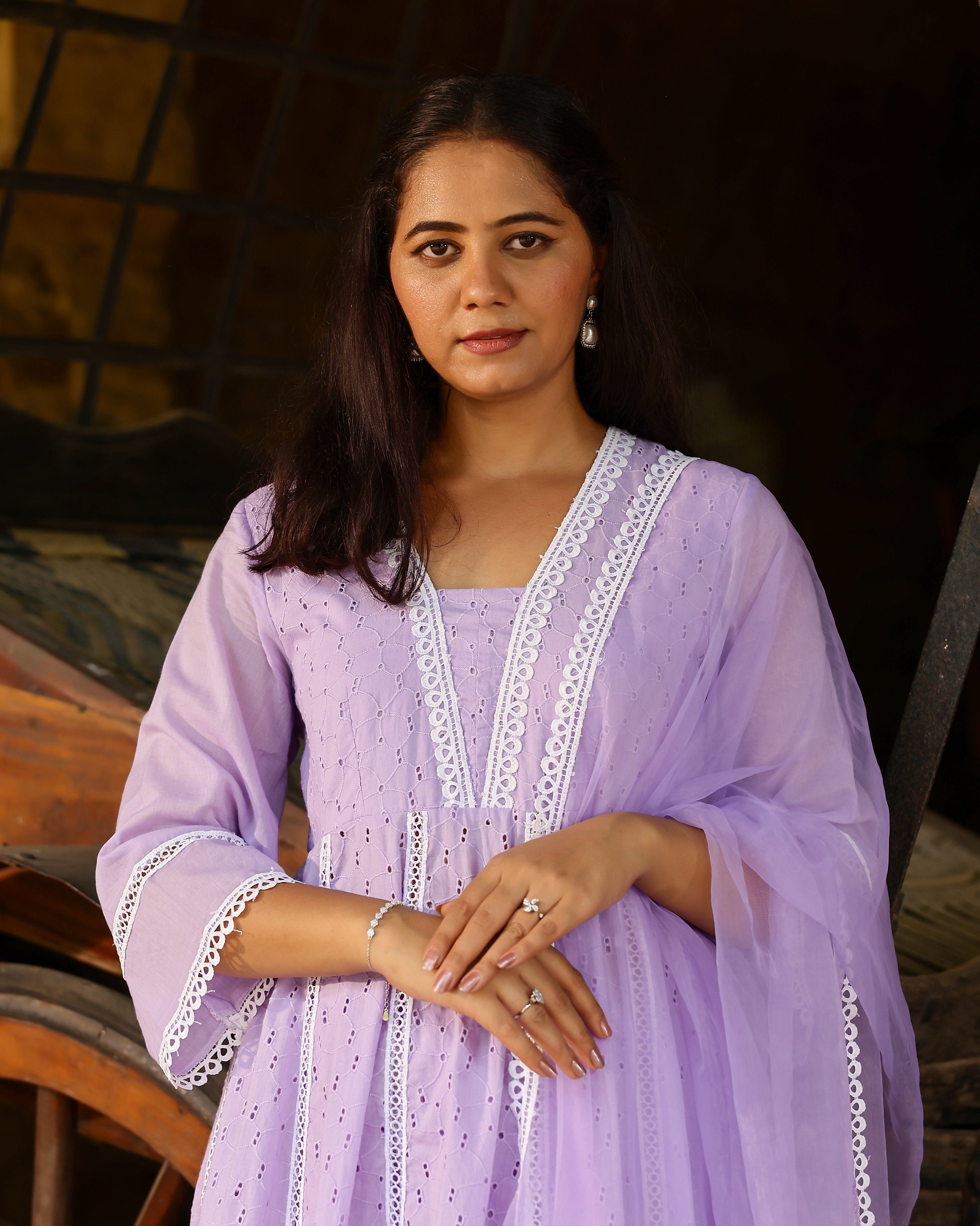 Lilac Serenity Cotton Schiffli Anarkali Set