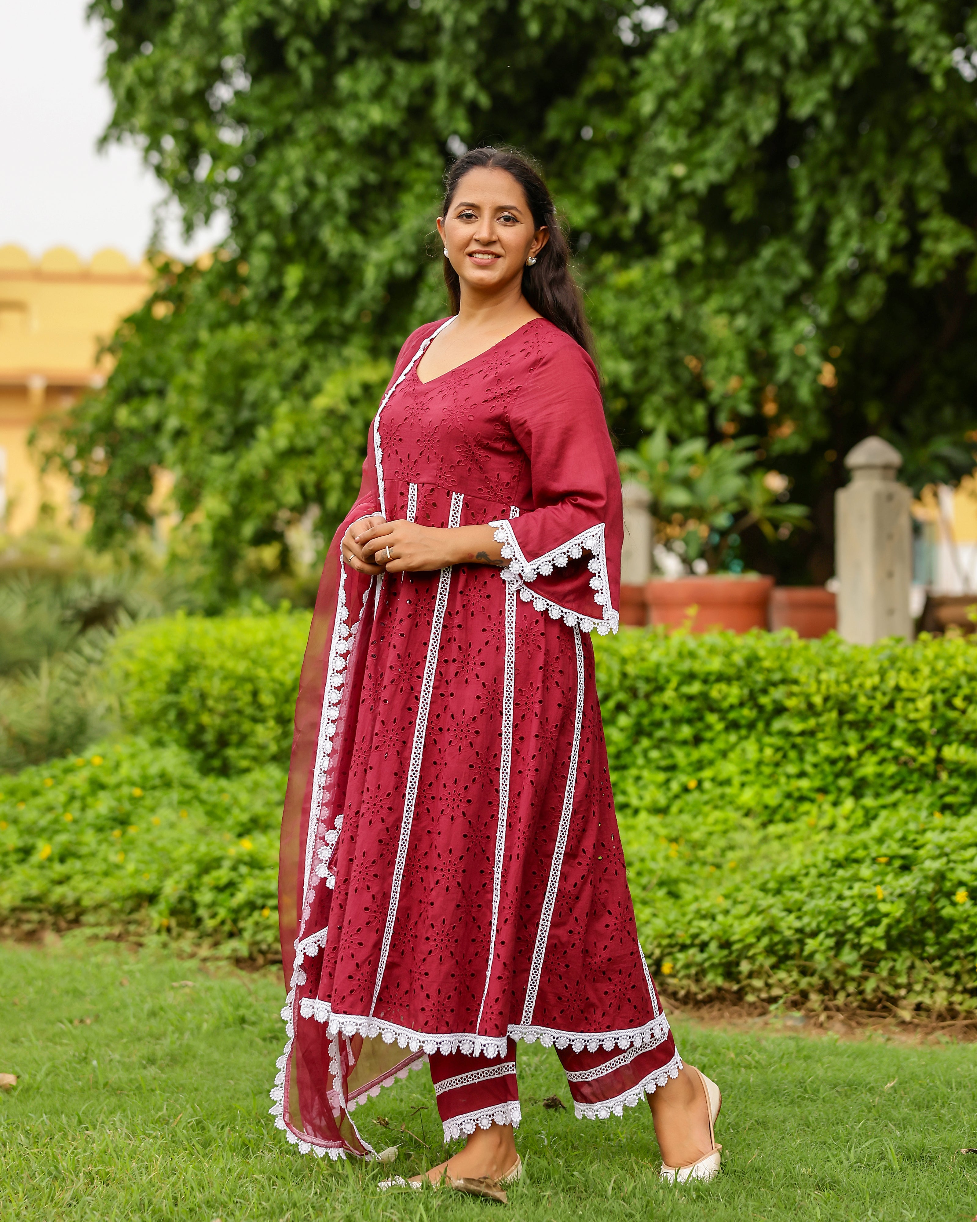 Maroon Charm Cotton Schiffli Anarkali Set with Crochet Lace