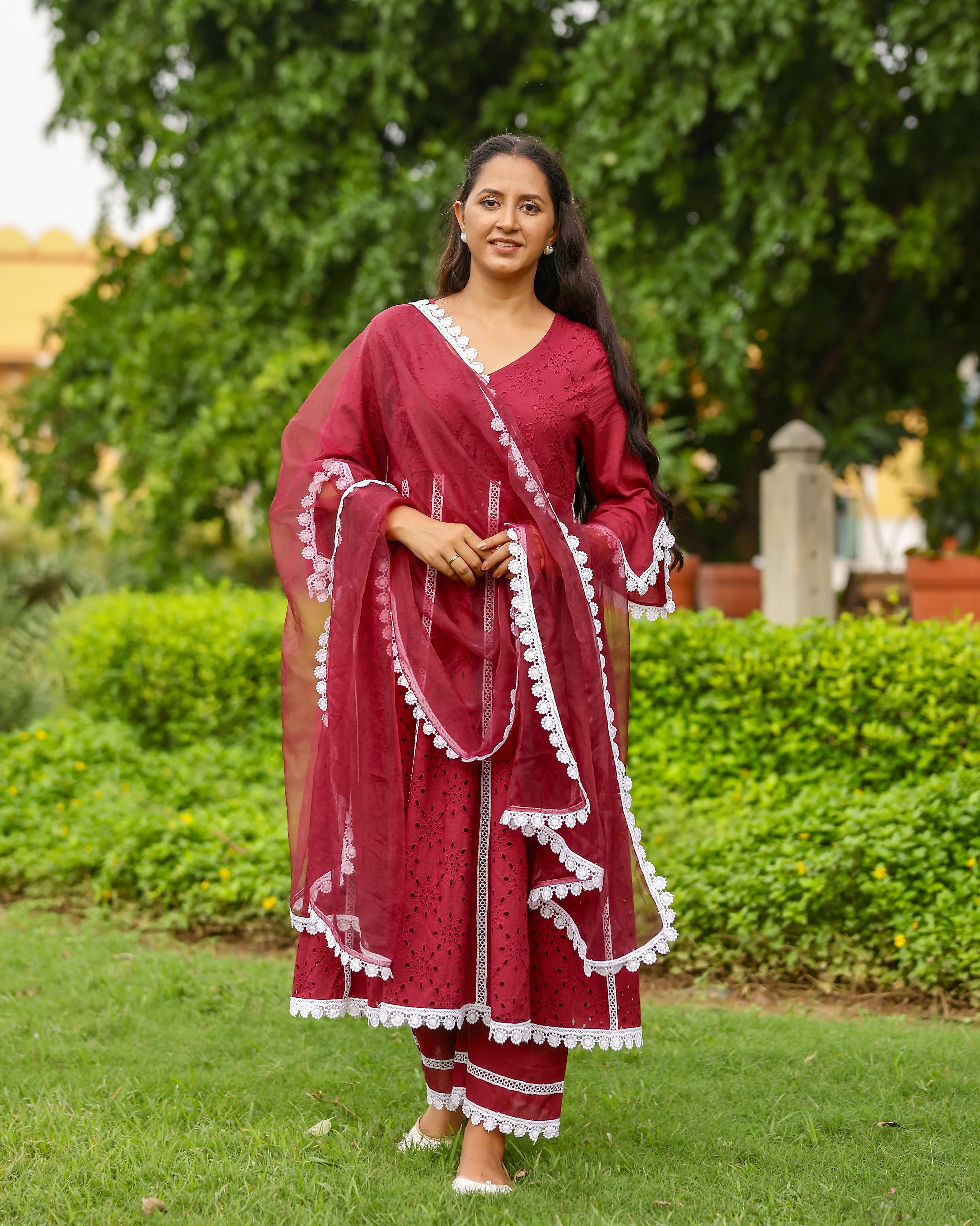 Maroon Charm Cotton Schiffli Anarkali Set with Crochet Lace