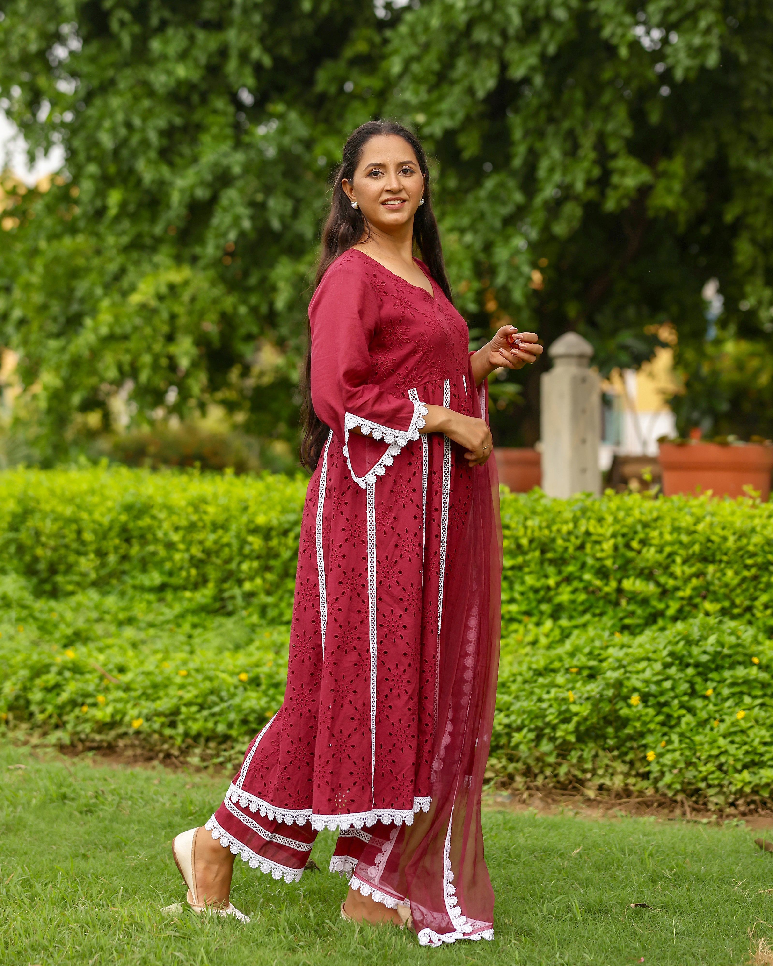 Maroon Charm Cotton Schiffli Anarkali Set with Crochet Lace