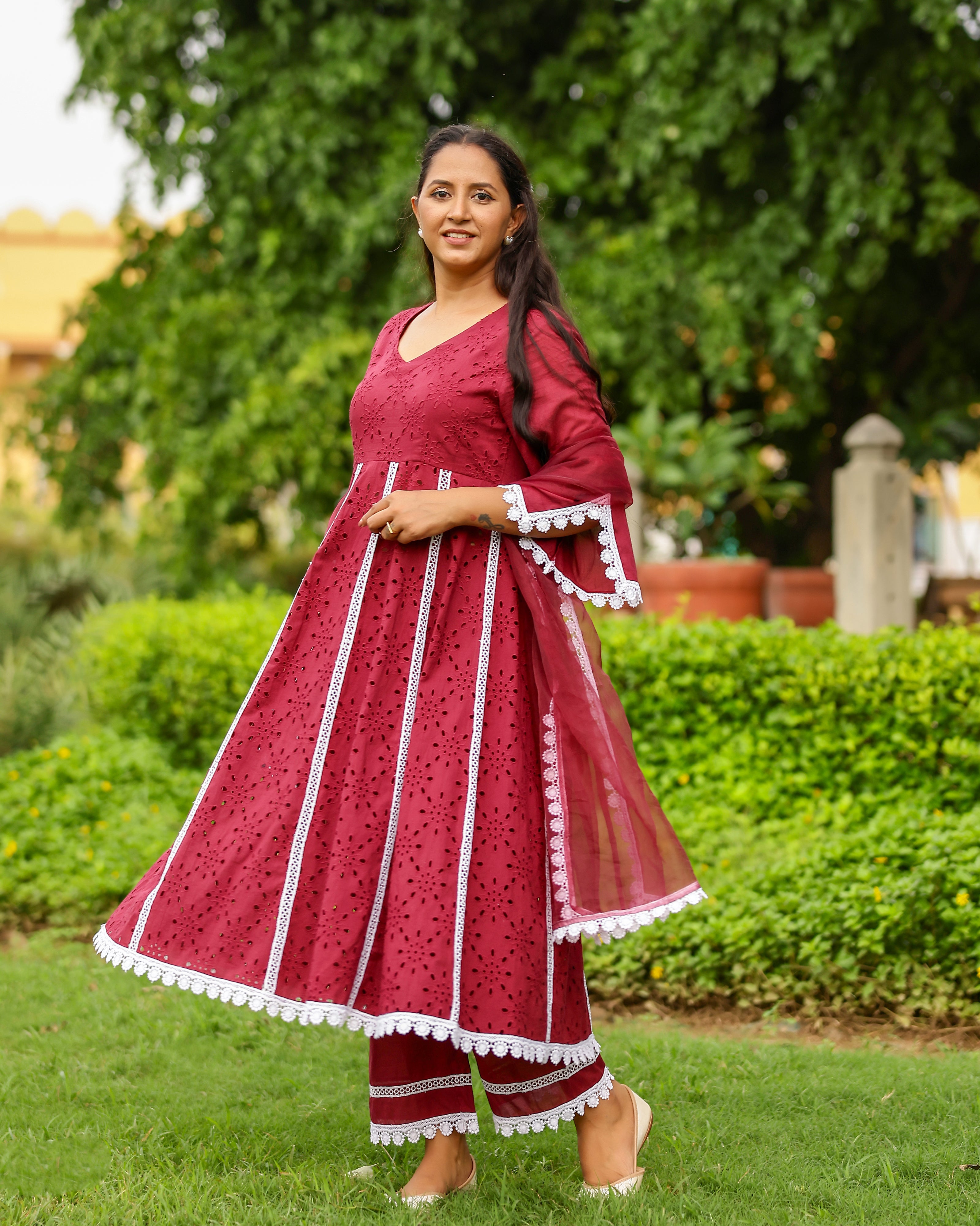 Maroon Charm Cotton Schiffli Anarkali Set with Crochet Lace