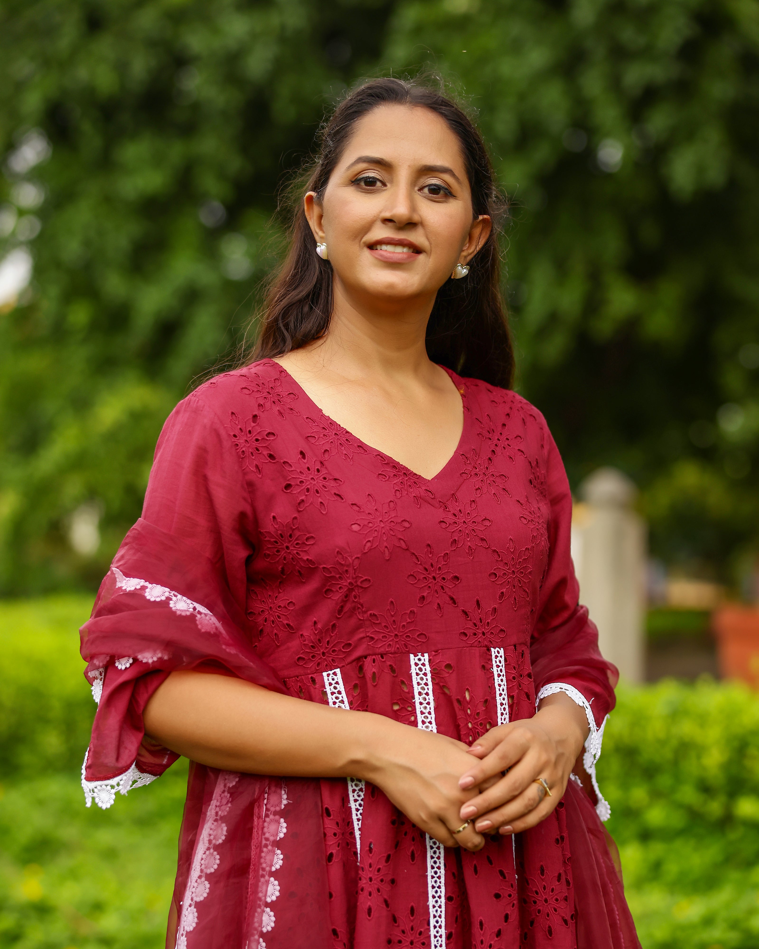 Maroon Charm Cotton Schiffli Anarkali Set with Crochet Lace