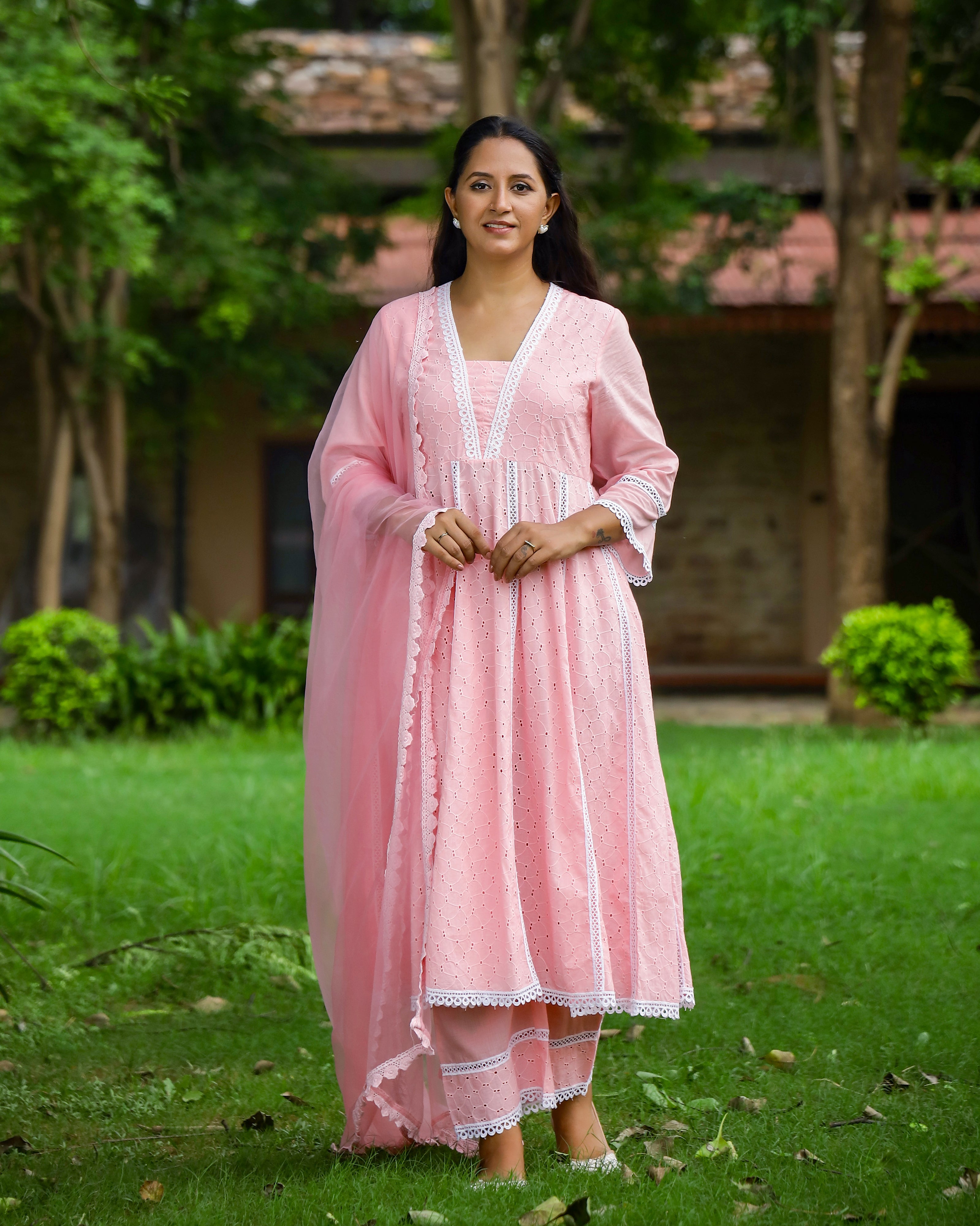 Peach Cotton Schiffli Anarkali Set with Crochet Lace
