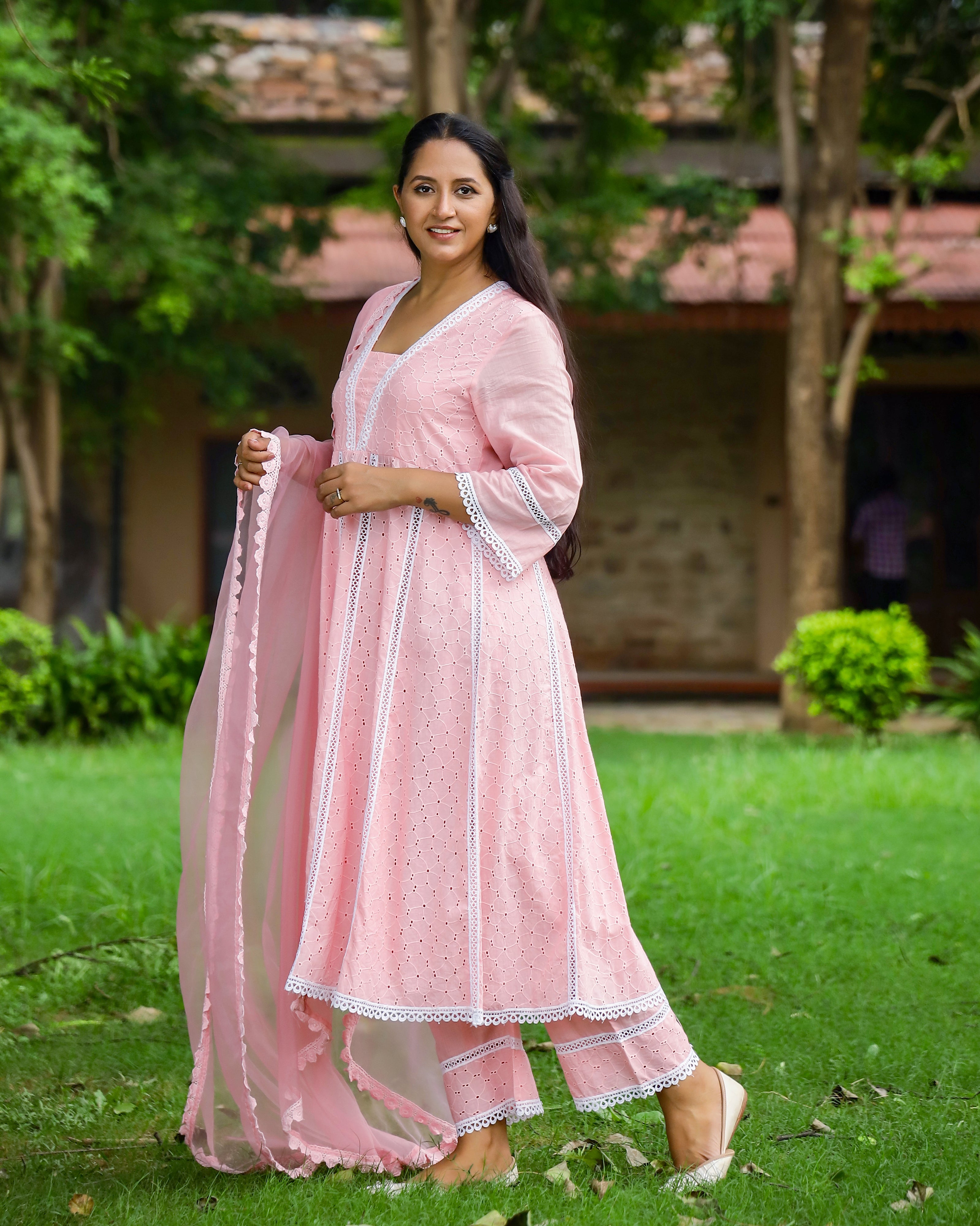 Peach Cotton Schiffli Anarkali Set with Crochet Lace