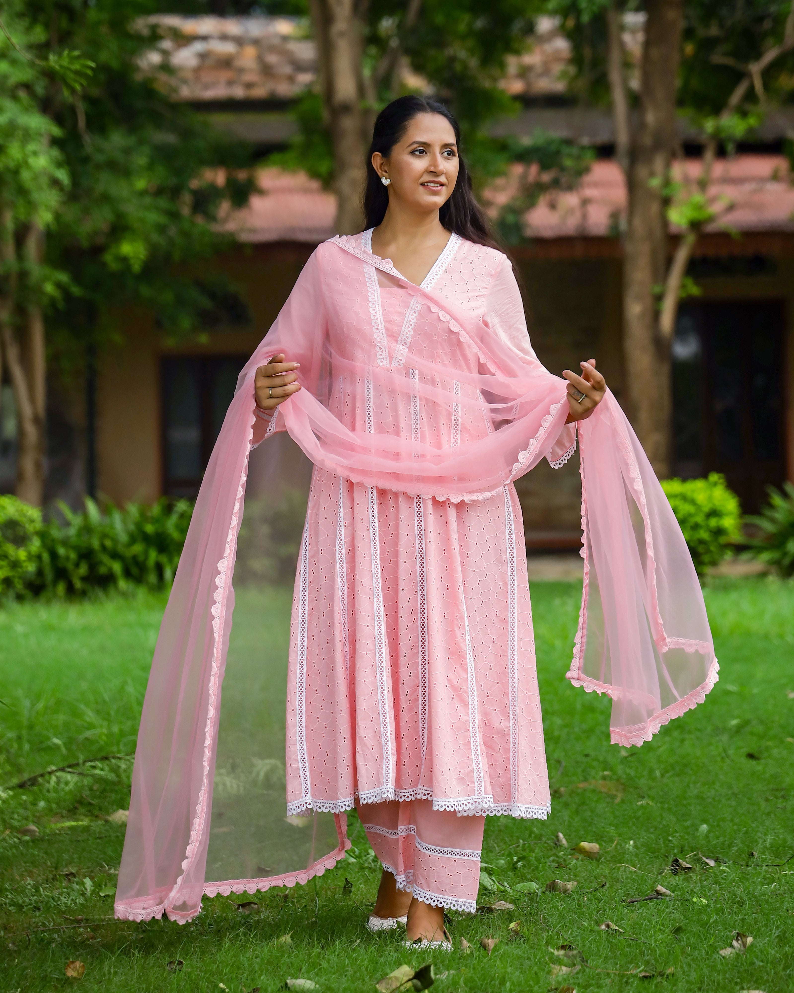 Peach Cotton Schiffli Anarkali Set with Crochet Lace