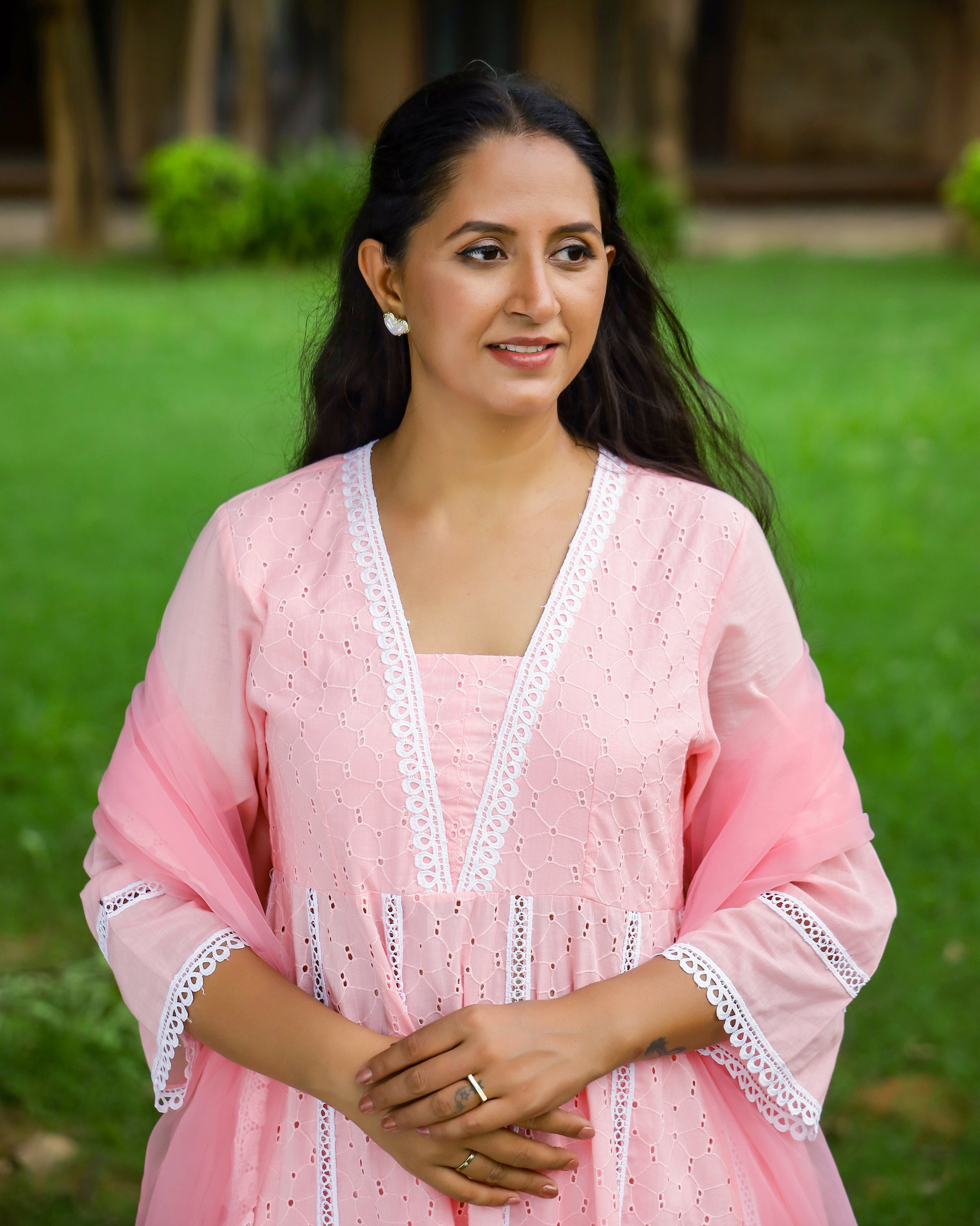 Peach Cotton Schiffli Anarkali Set with Crochet Lace
