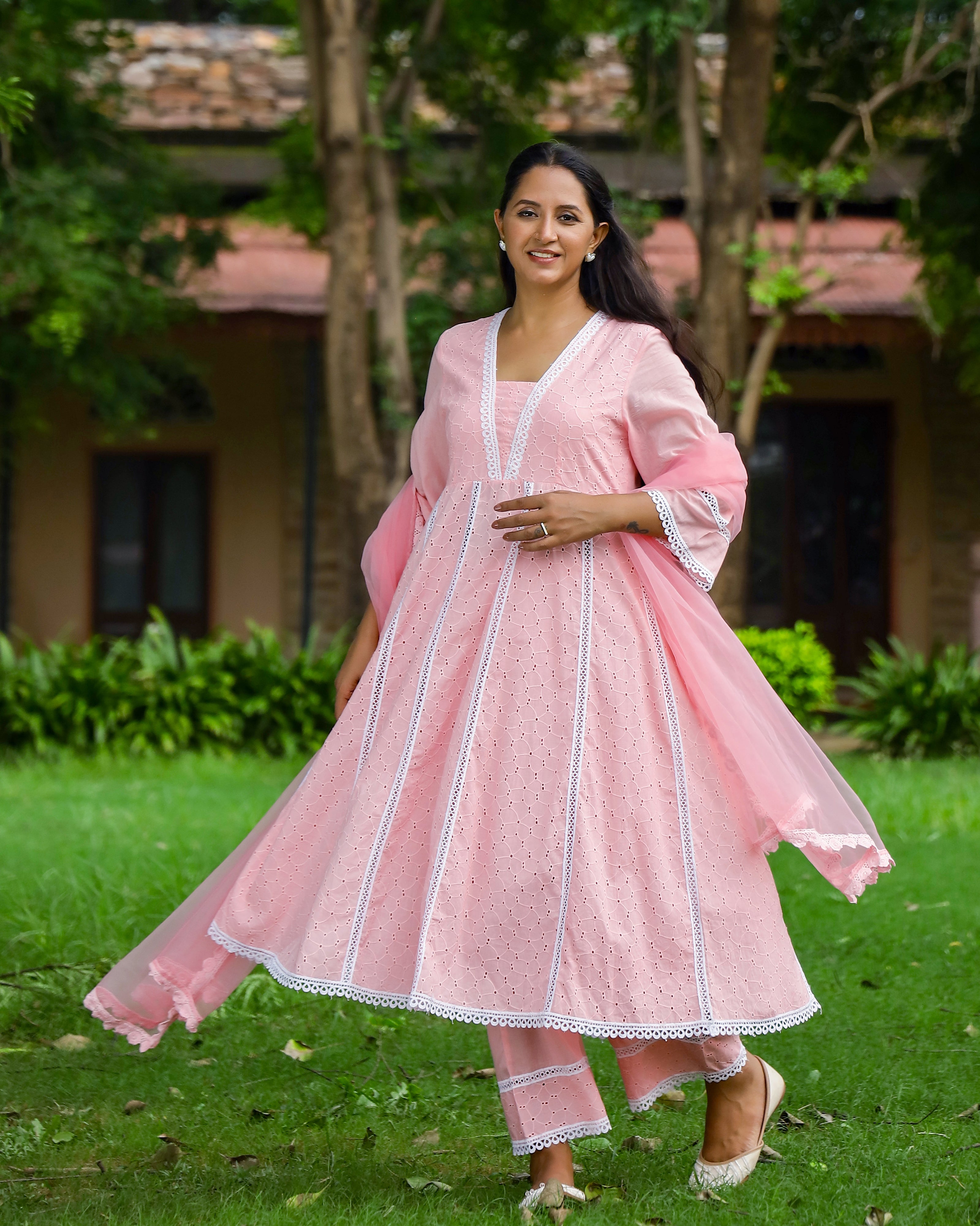 Peach Cotton Schiffli Anarkali Set with Crochet Lace