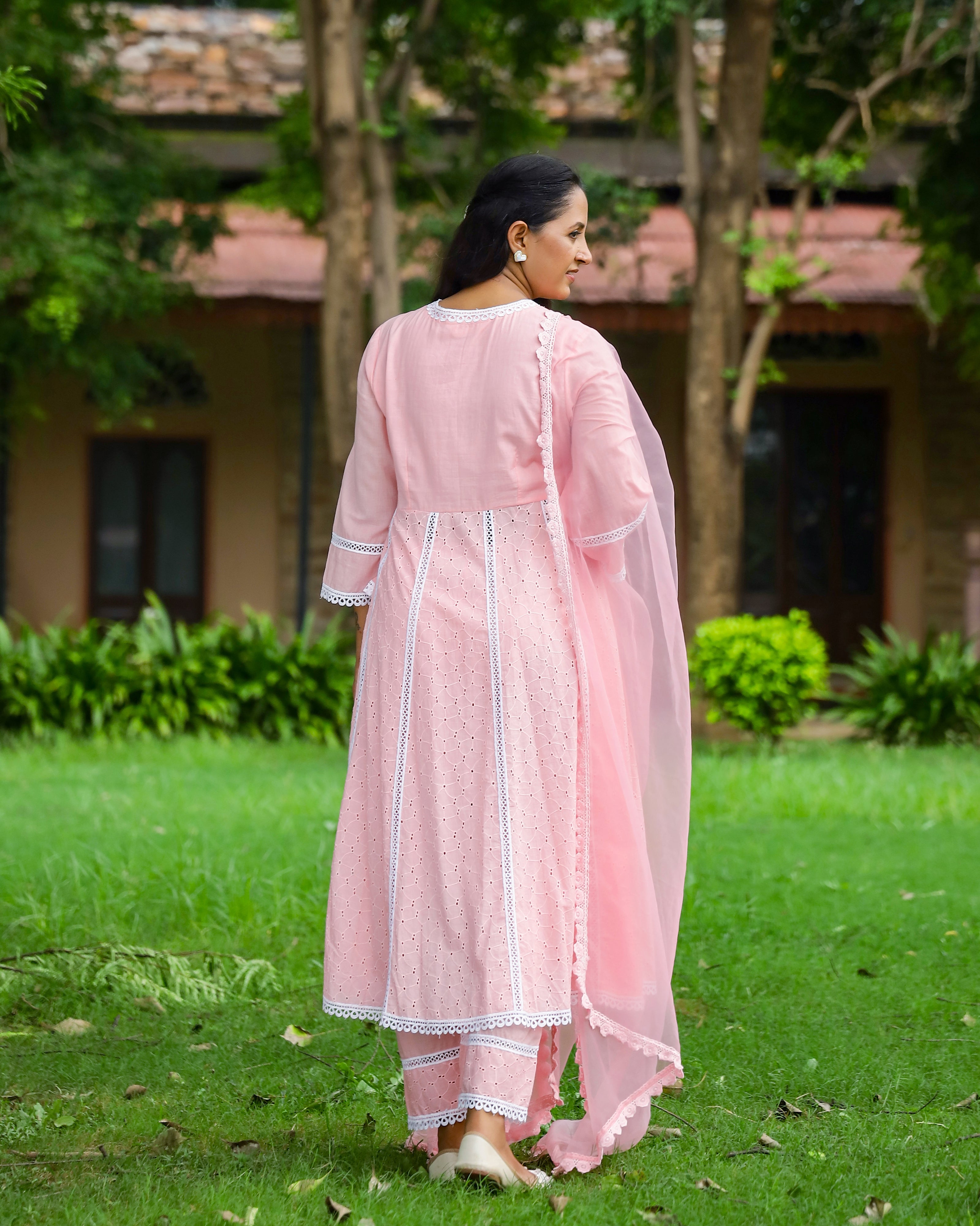 Peach Cotton Schiffli Anarkali Set with Crochet Lace