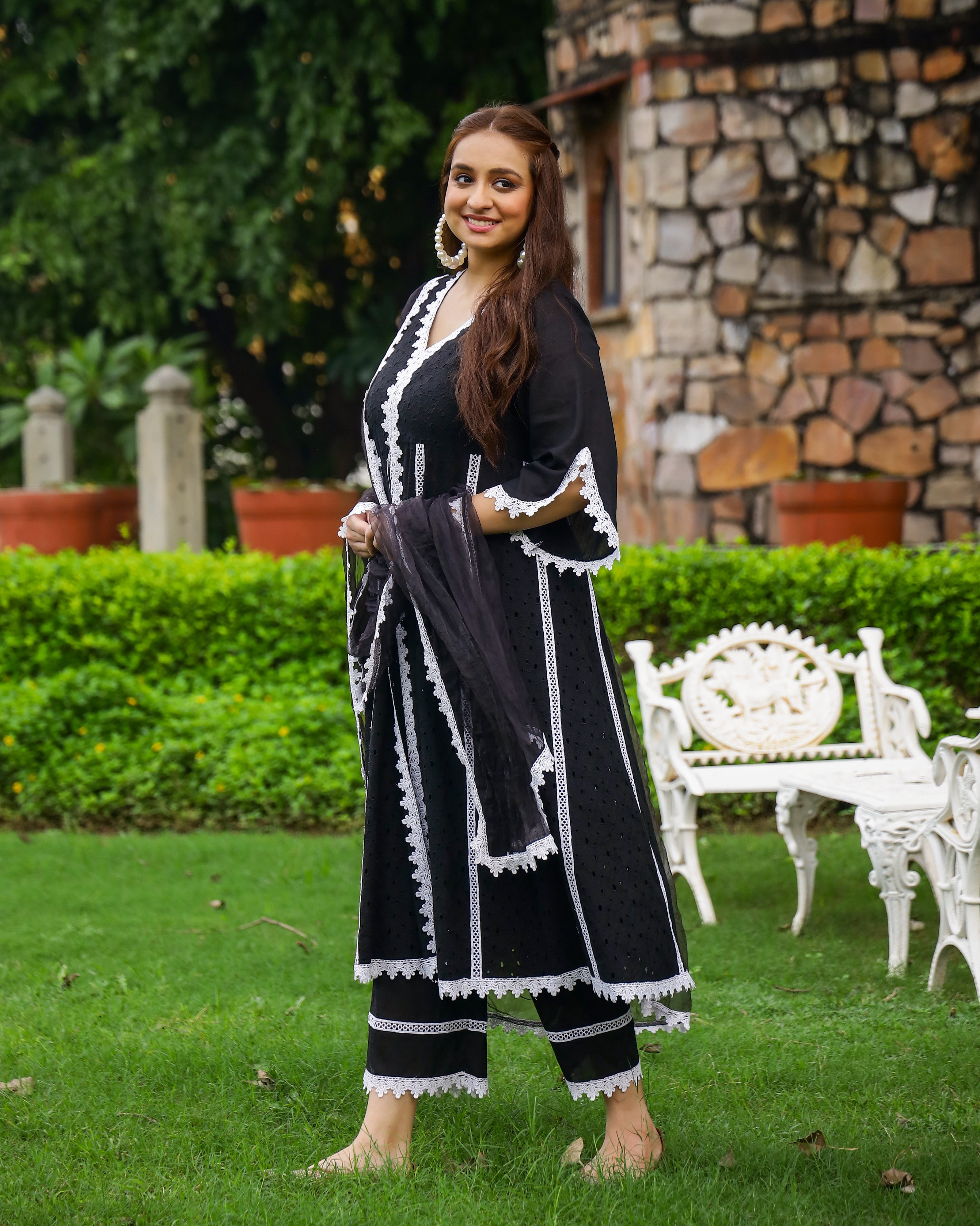 Midnight Black Cotton Schiffli Anarkali Set with Organza Dupatta