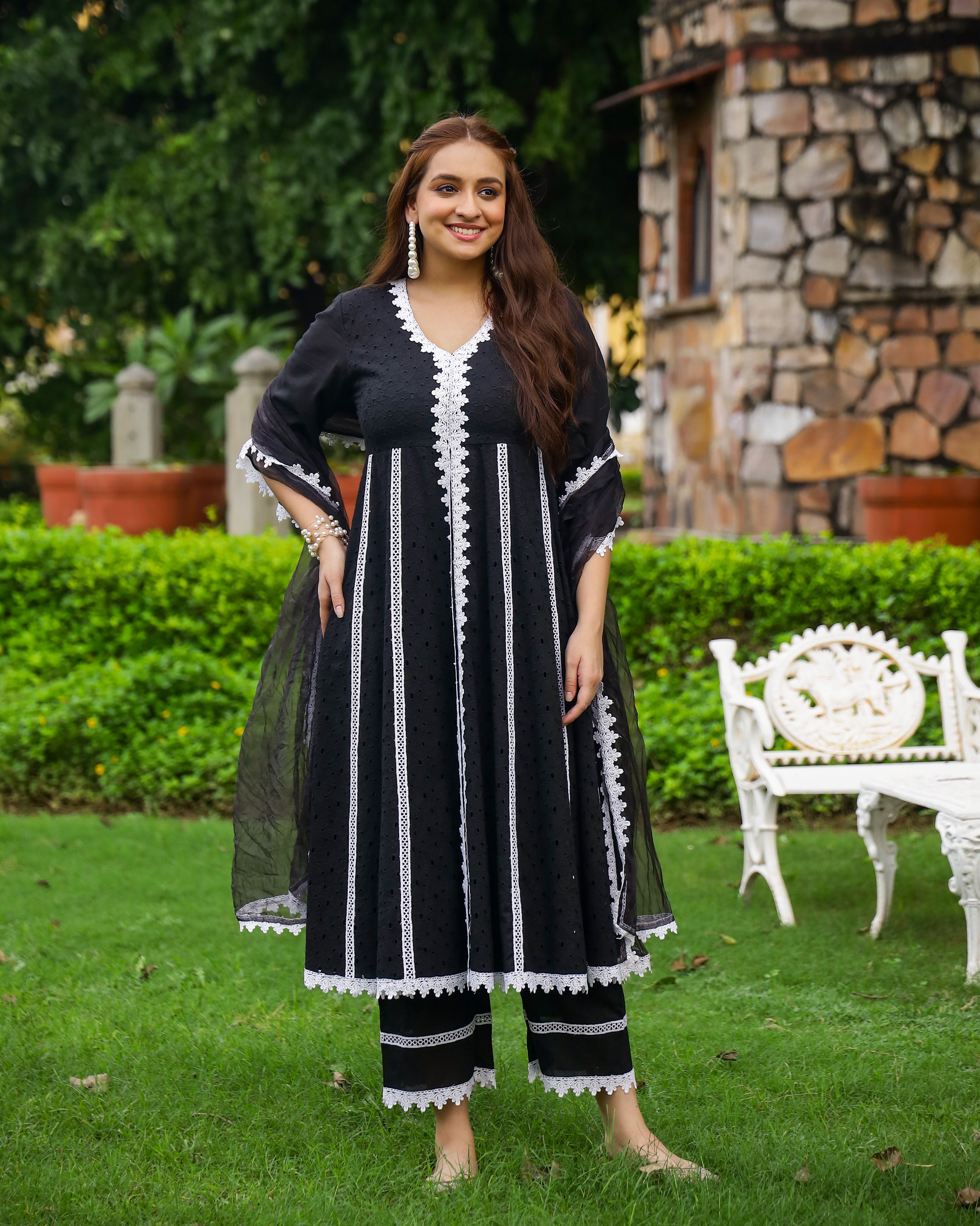 Midnight Black Cotton Schiffli Anarkali Set with Organza Dupatta