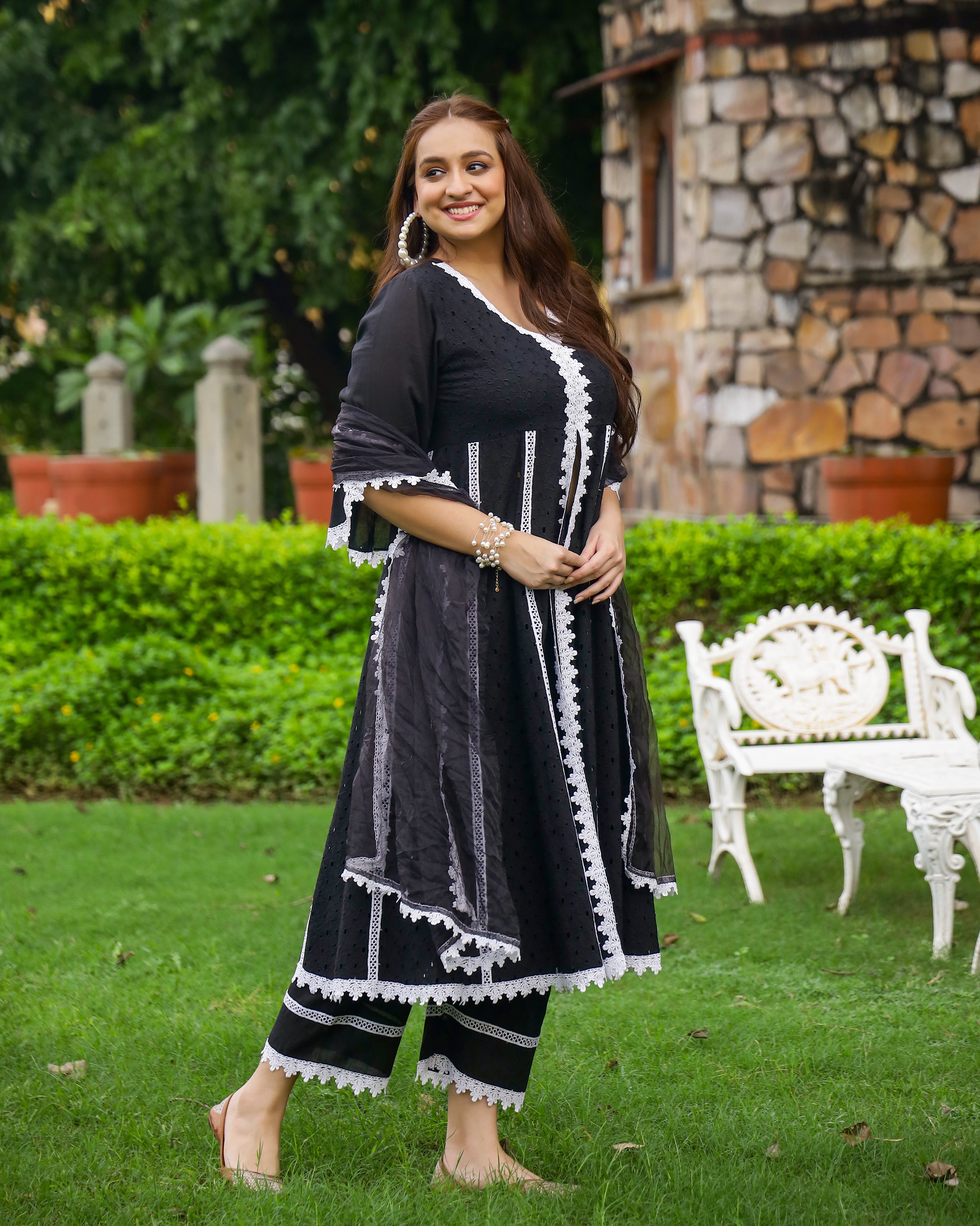 Midnight Black Cotton Schiffli Anarkali Set with Organza Dupatta