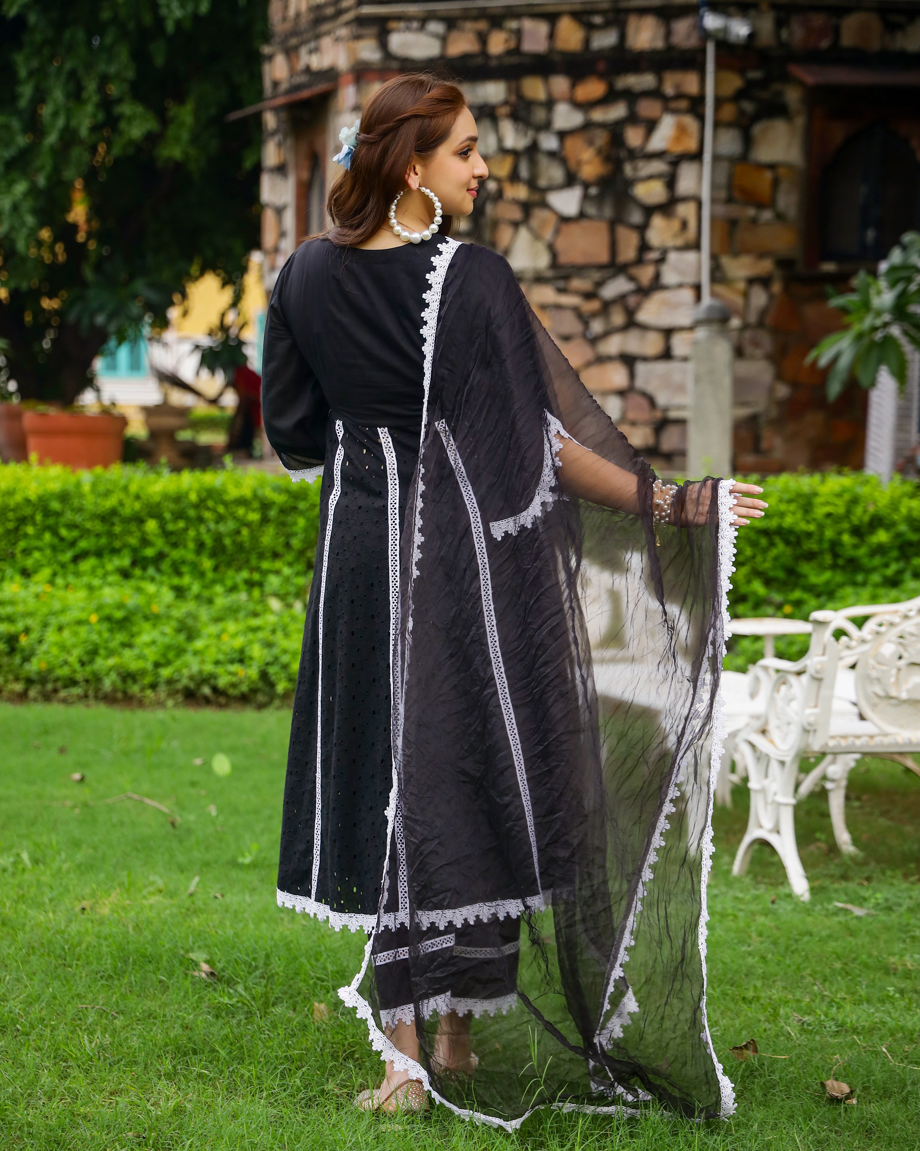 Midnight Black Cotton Schiffli Anarkali Set with Organza Dupatta