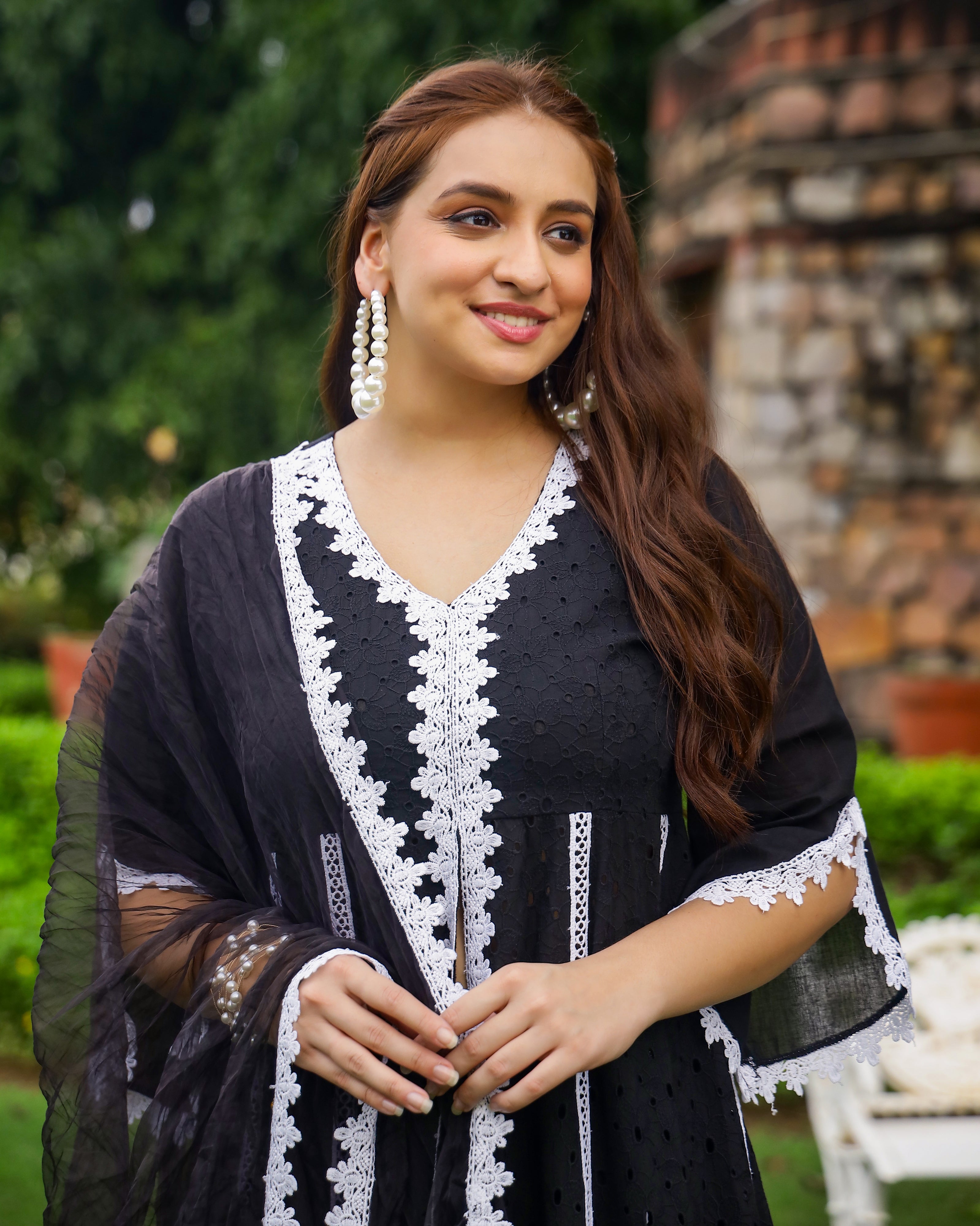Midnight Black Cotton Schiffli Anarkali Set with Organza Dupatta