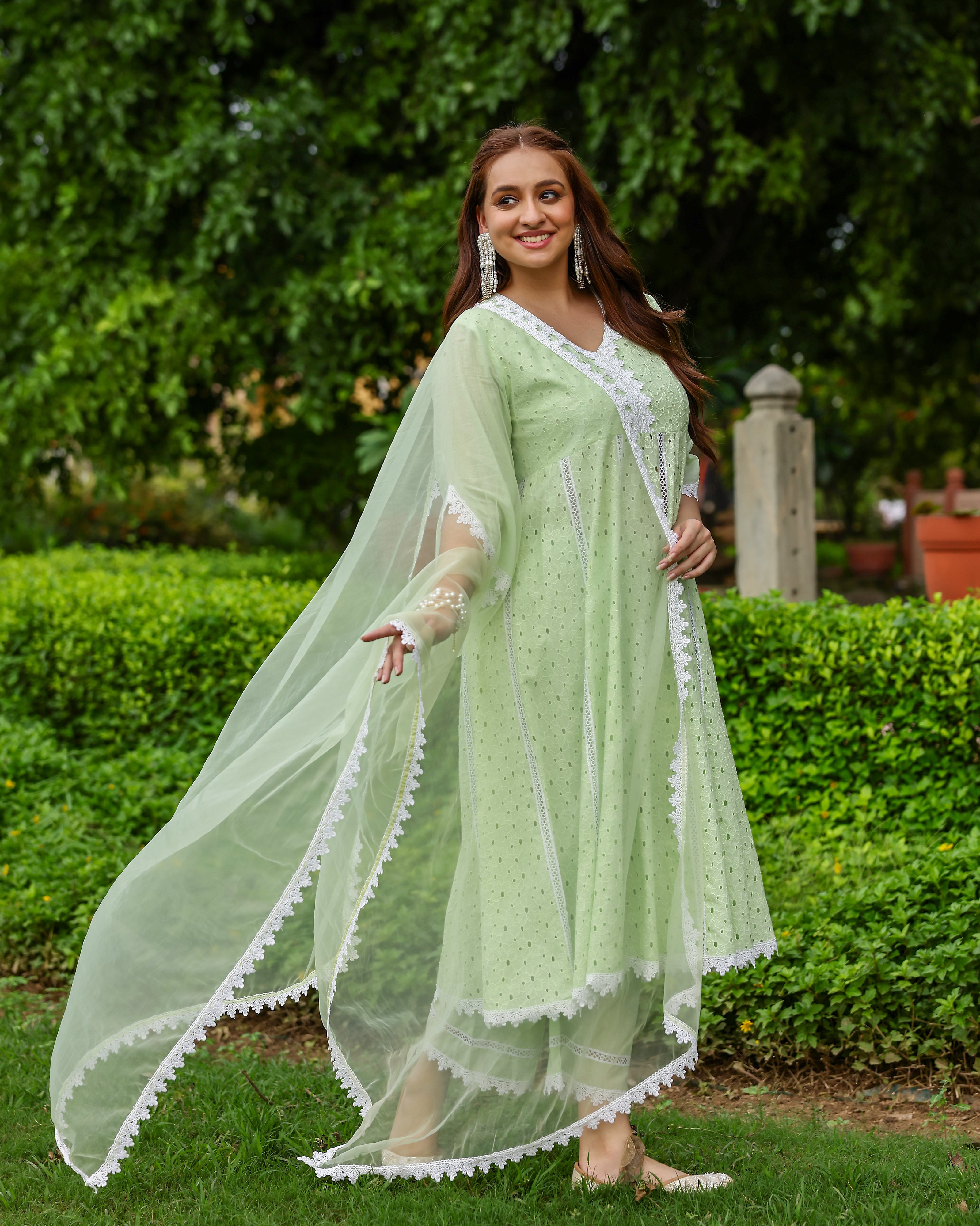 Mint Green Cotton Schiffli Anarkali Set with Organza Dupatta