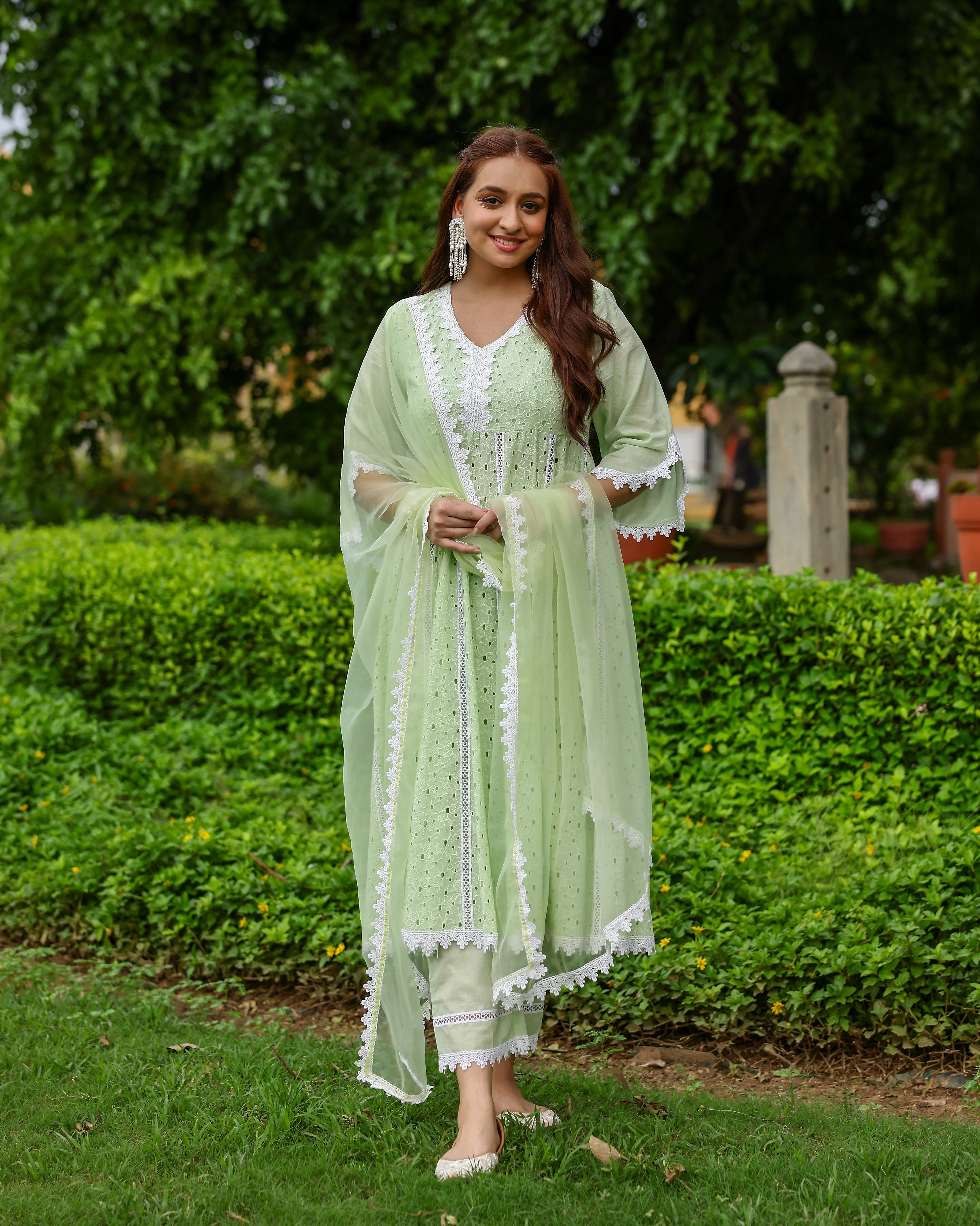 Mint Green Cotton Schiffli Anarkali Set with Organza Dupatta