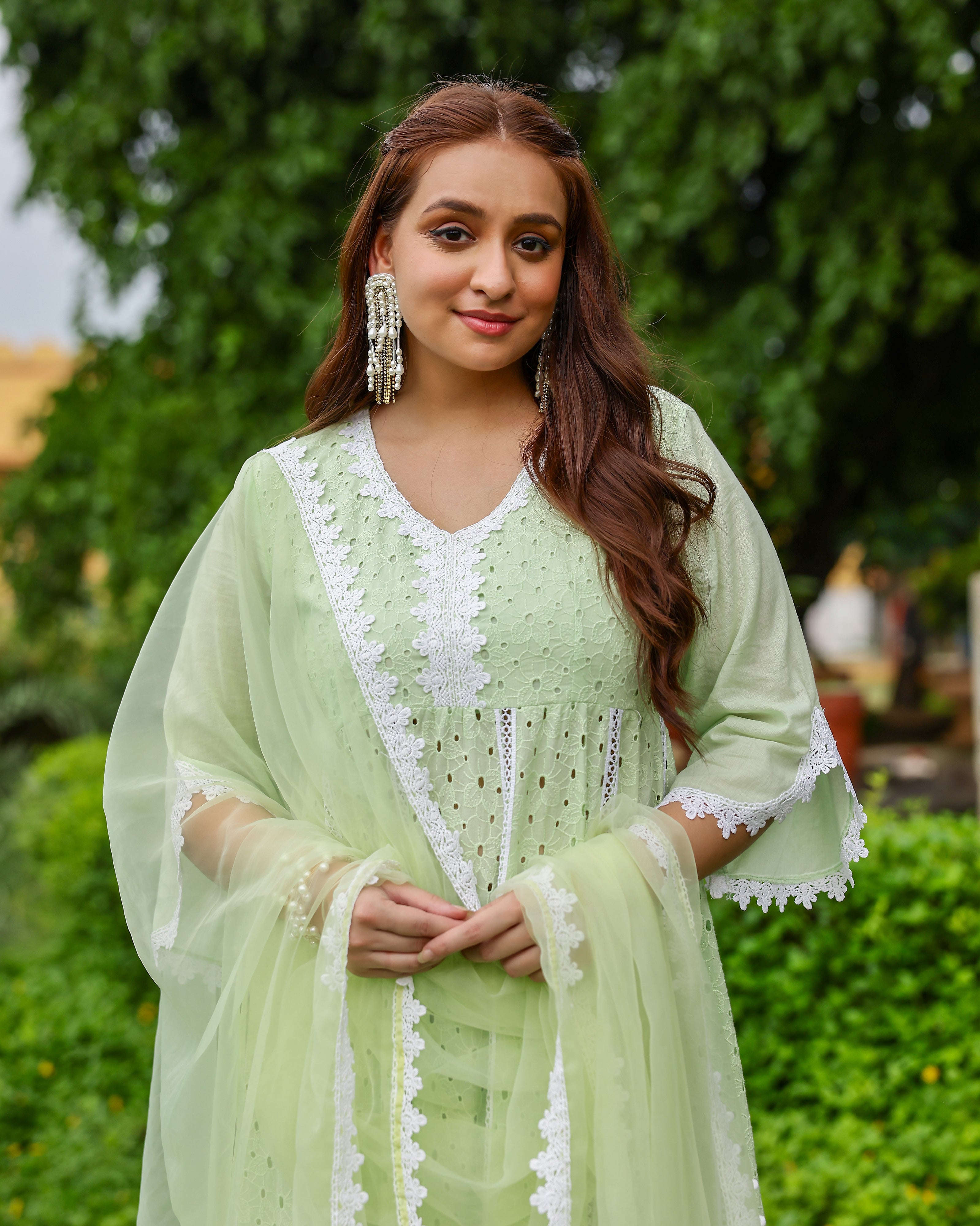 Mint Green Cotton Schiffli Anarkali Set with Organza Dupatta