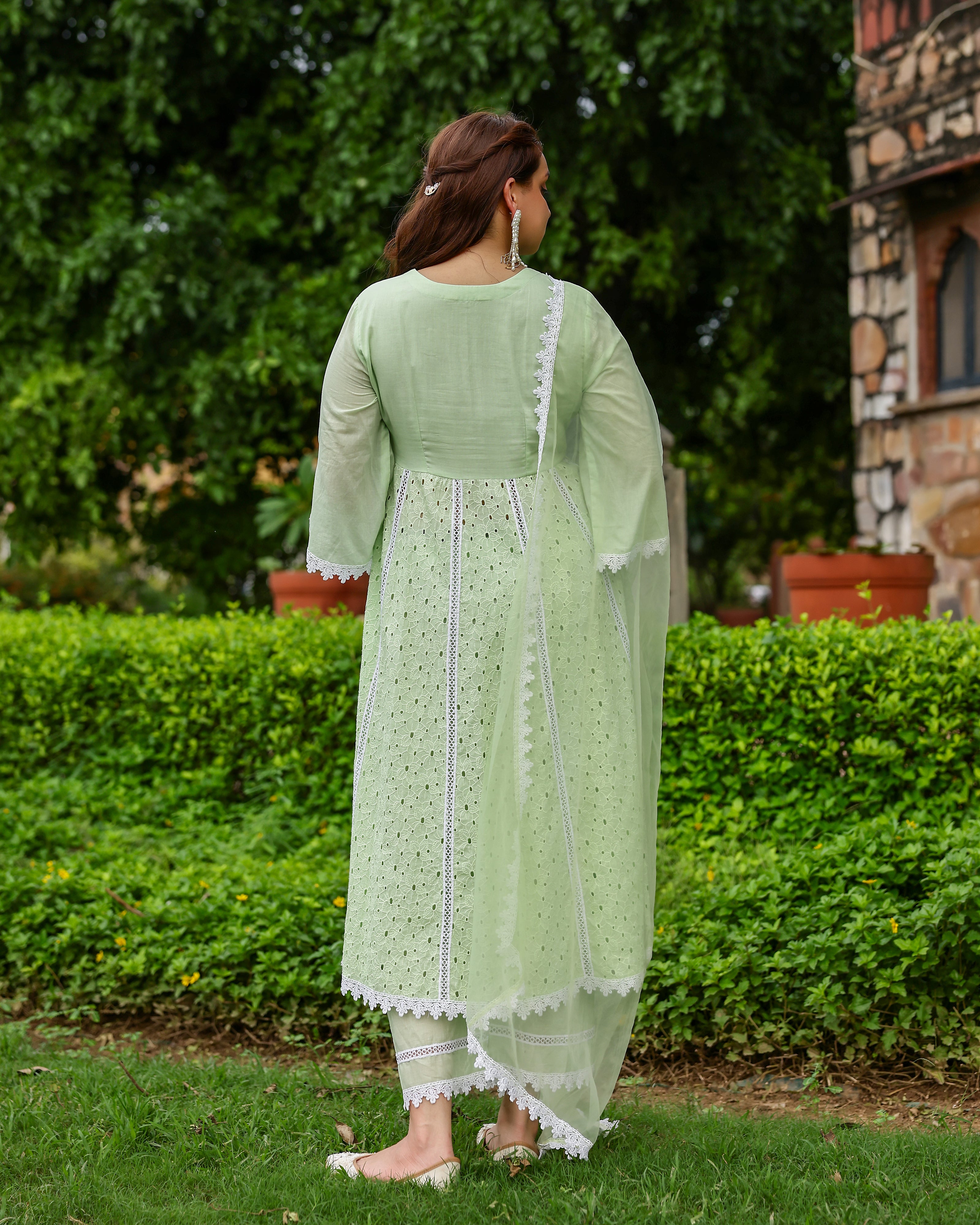 Mint Green Cotton Schiffli Anarkali Set with Organza Dupatta