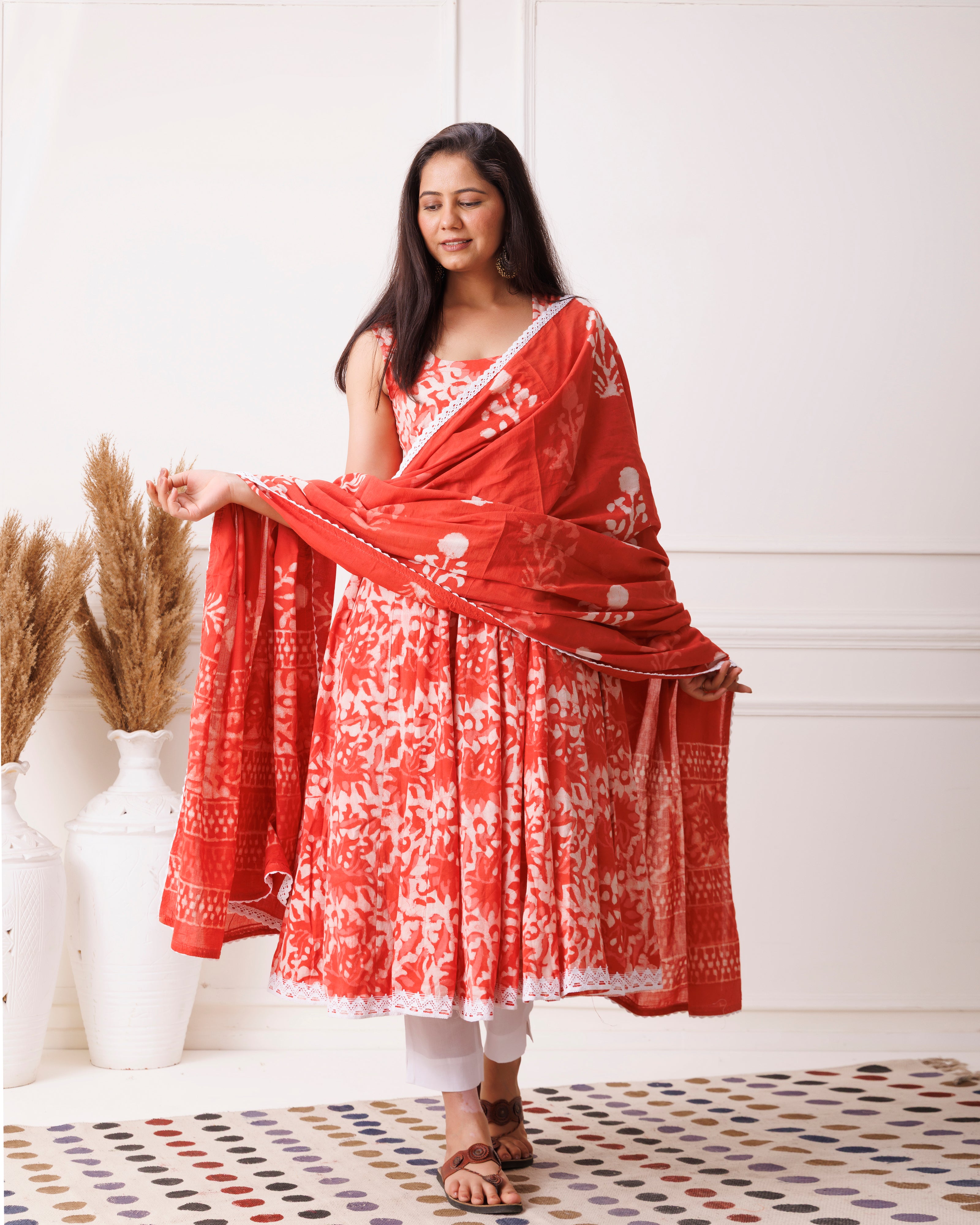 Red Dabu Print Sleeveless Anarkali Suit