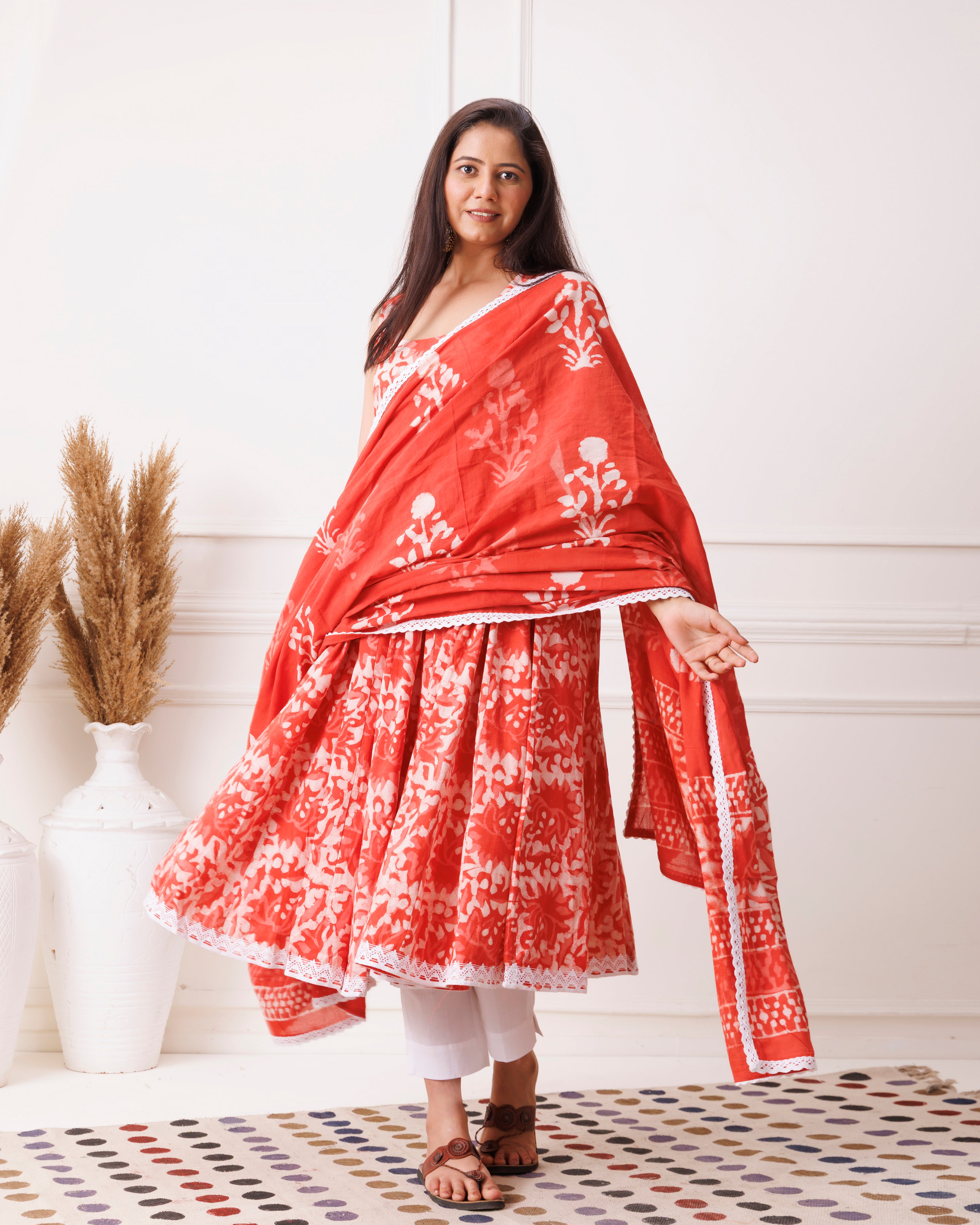Red Dabu Print Sleeveless Anarkali Suit