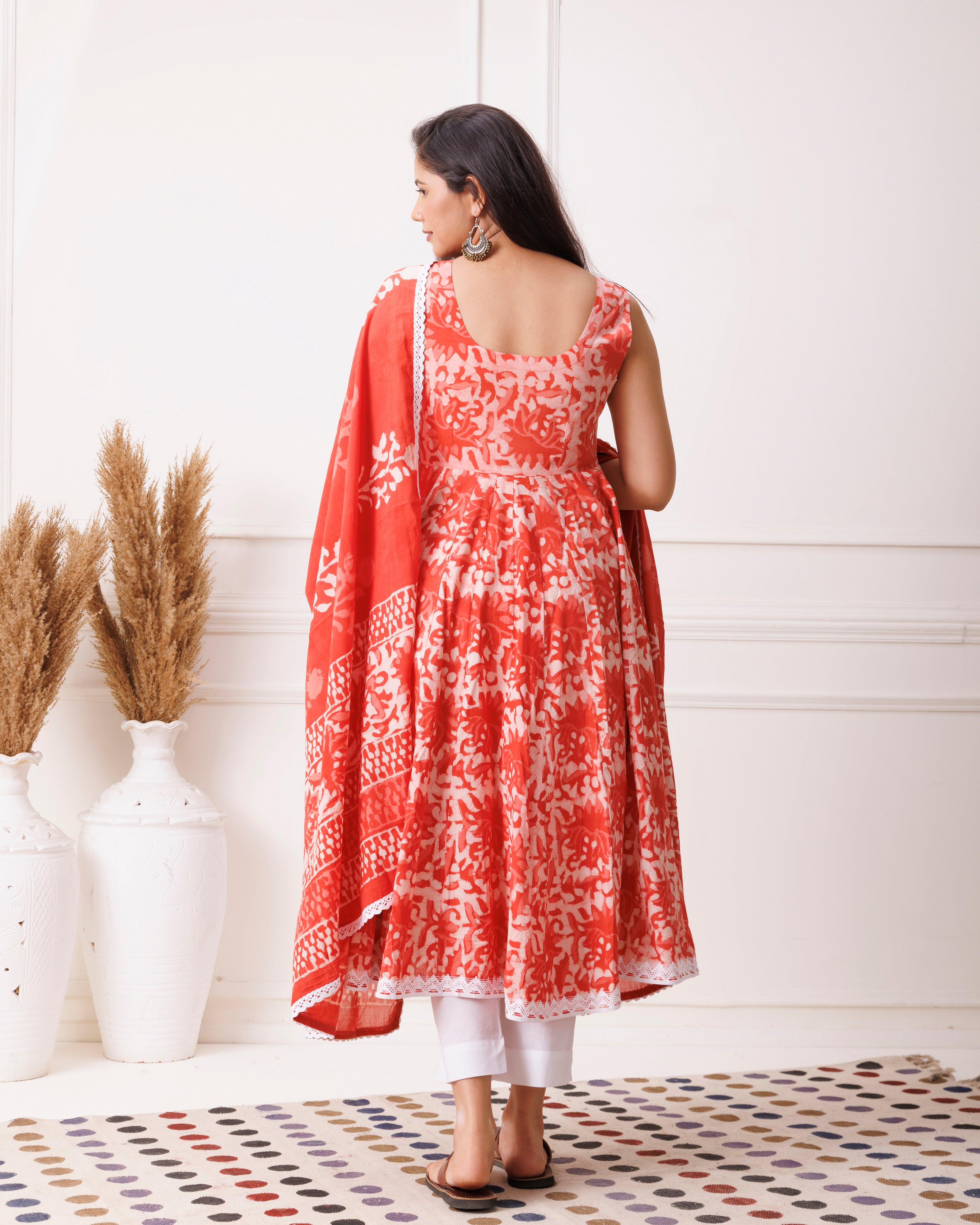 Red Dabu Print Sleeveless Anarkali Suit