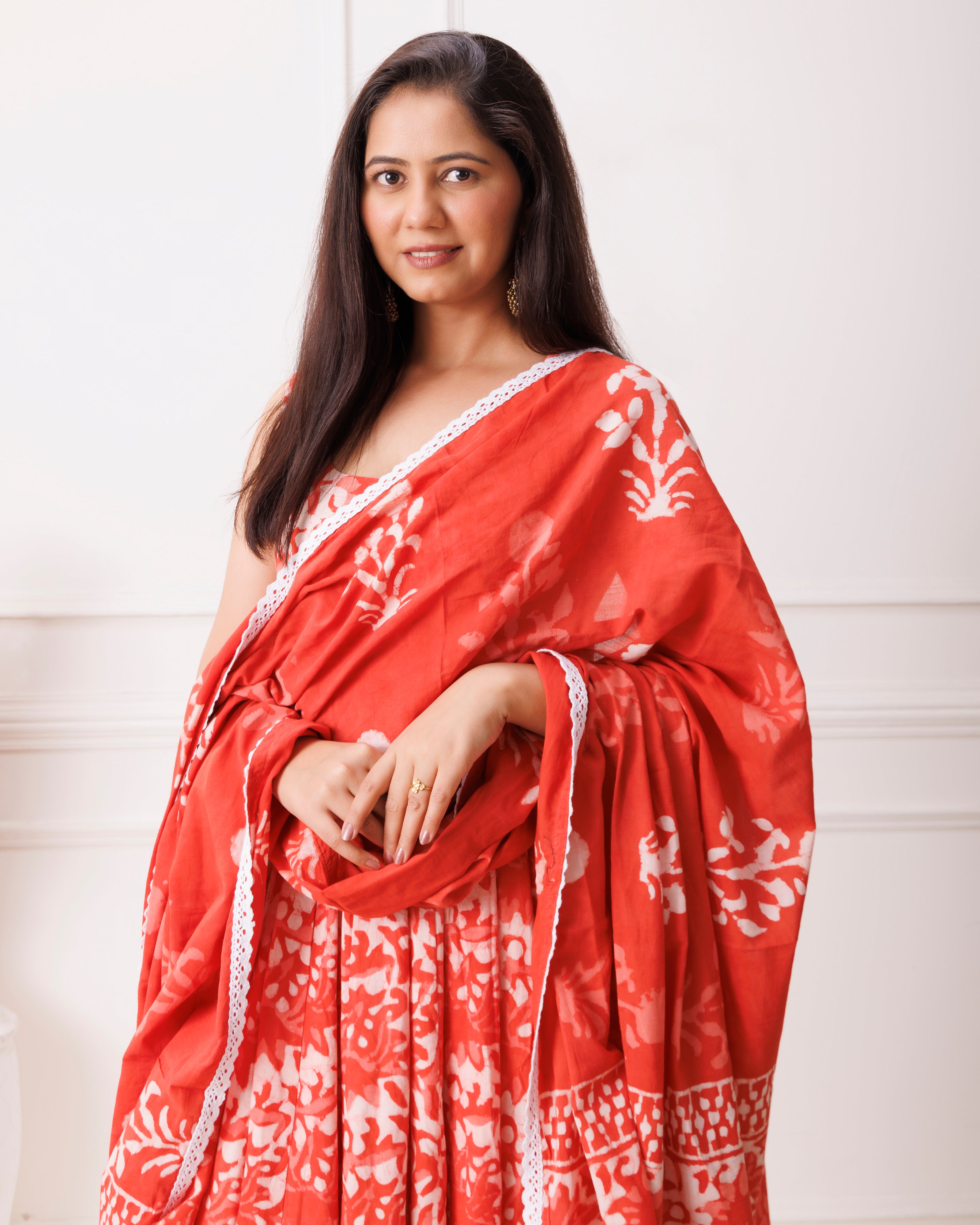 Red Dabu Print Sleeveless Anarkali Suit