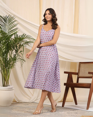Lilac Handblock Printed Cotton Dress