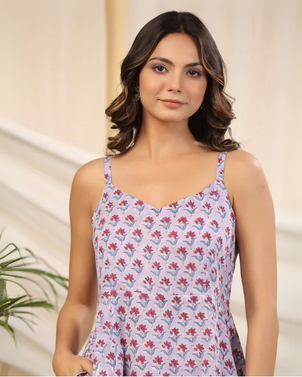 Lilac Handblock Printed Cotton Dress