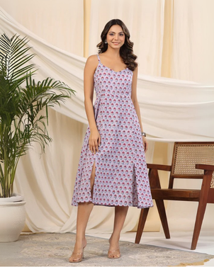 Lilac Handblock Printed Cotton Dress