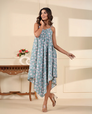 Aqua Handblock Printed Cotton Dress