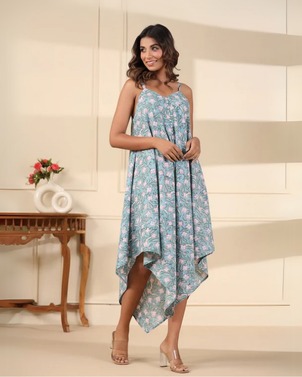 Aqua Handblock Printed Cotton Dress