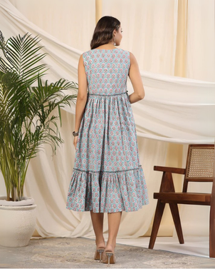 Aqua Blue Handblock Printed Cotton Dress