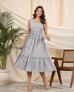Aqua Blue Handblock Printed Cotton Dress