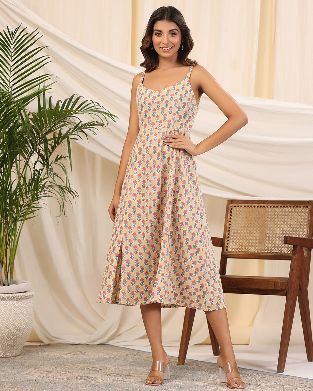 Yellow Handblock Printed Cotton Dress