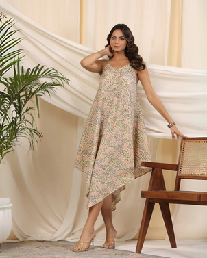 Yellow Handblock Printed Baisa Cotton Dress