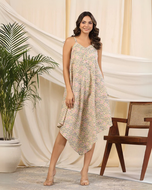 Yellow Handblock Printed Baisa Cotton Dress