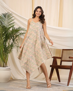 Yellow Handblock Printed Baisa Cotton Dress