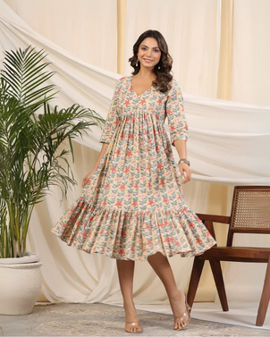 Yellow Handblock Printed Cotton Baisa Dress