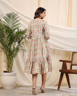 Yellow Handblock Printed Cotton Baisa Dress