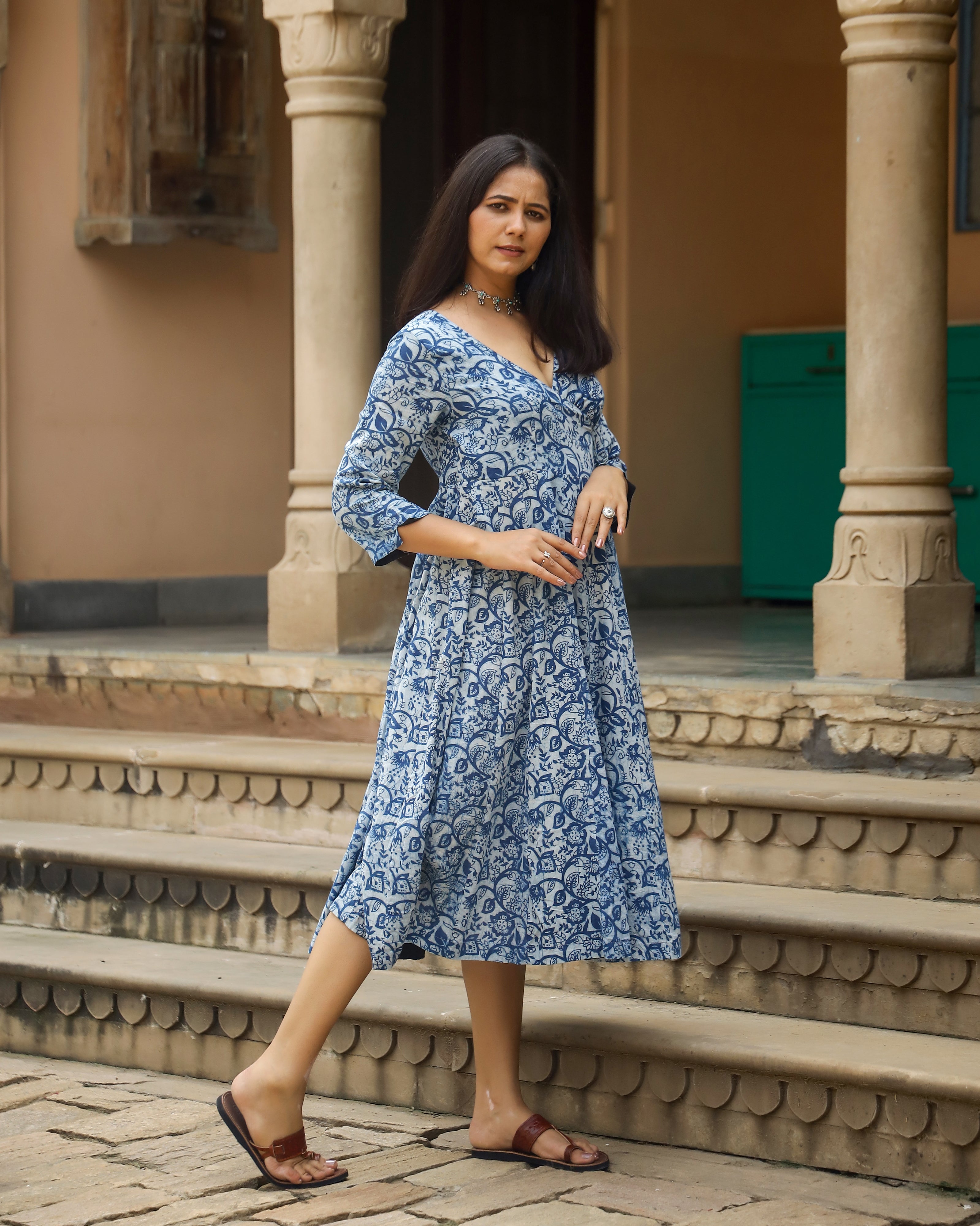 Indigo Dabu Print Cotton Angrakha Dress
