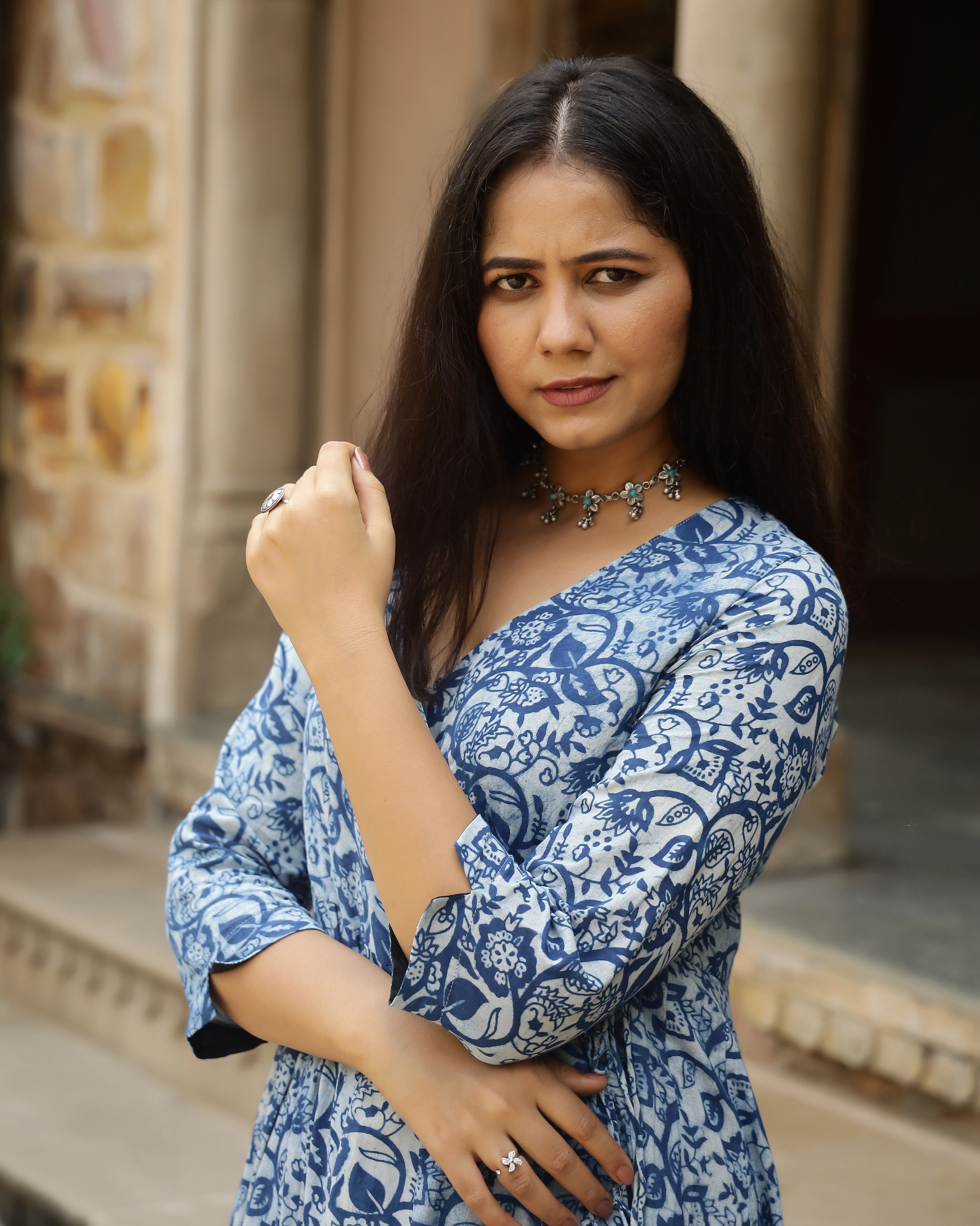 Indigo Dabu Print Cotton Angrakha Dress