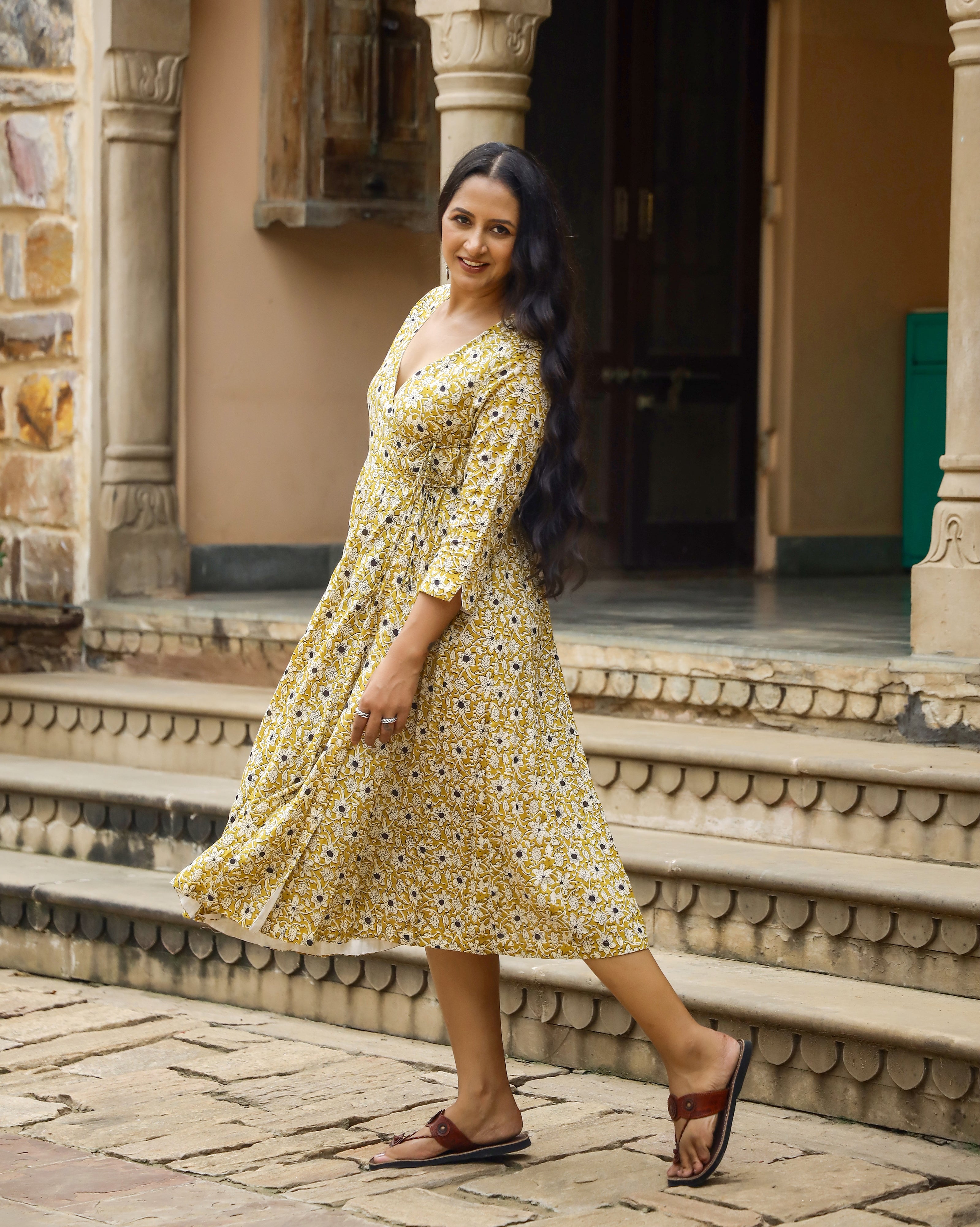 Mustard Bagru Jaal Print Angrakha Cotton Dress