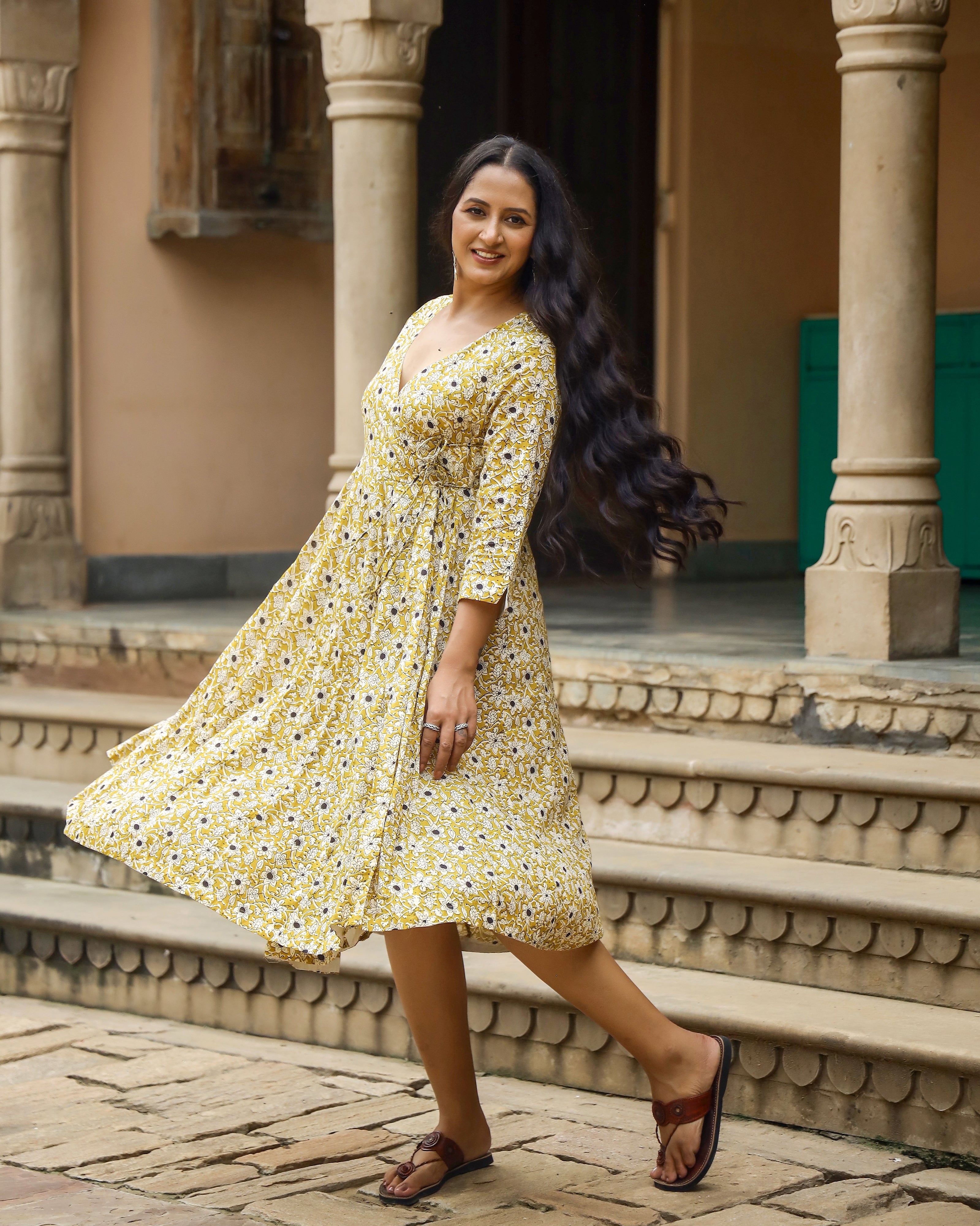 Mustard Bagru Jaal Print Angrakha Cotton Dress