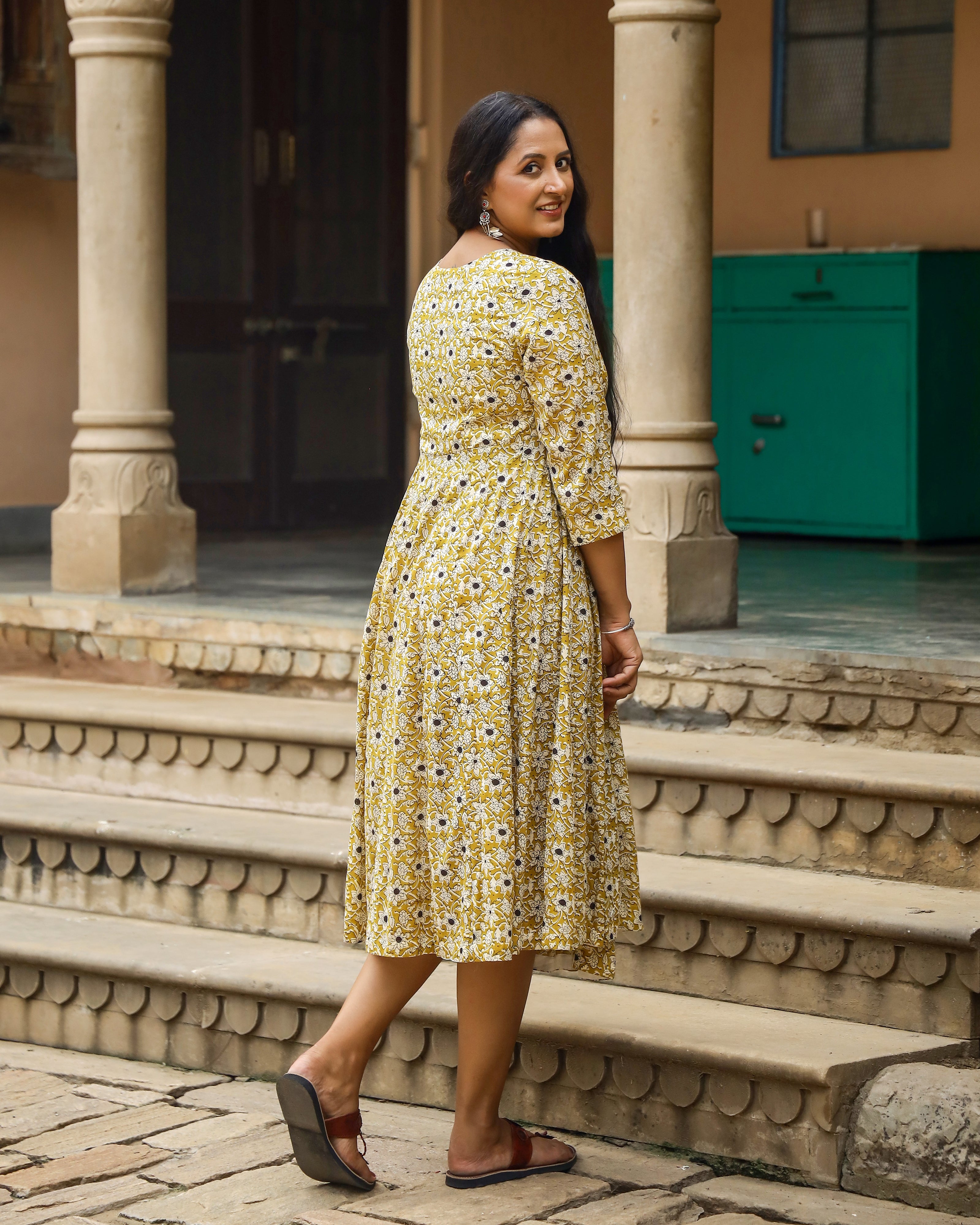 Mustard Bagru Jaal Print Angrakha Cotton Dress