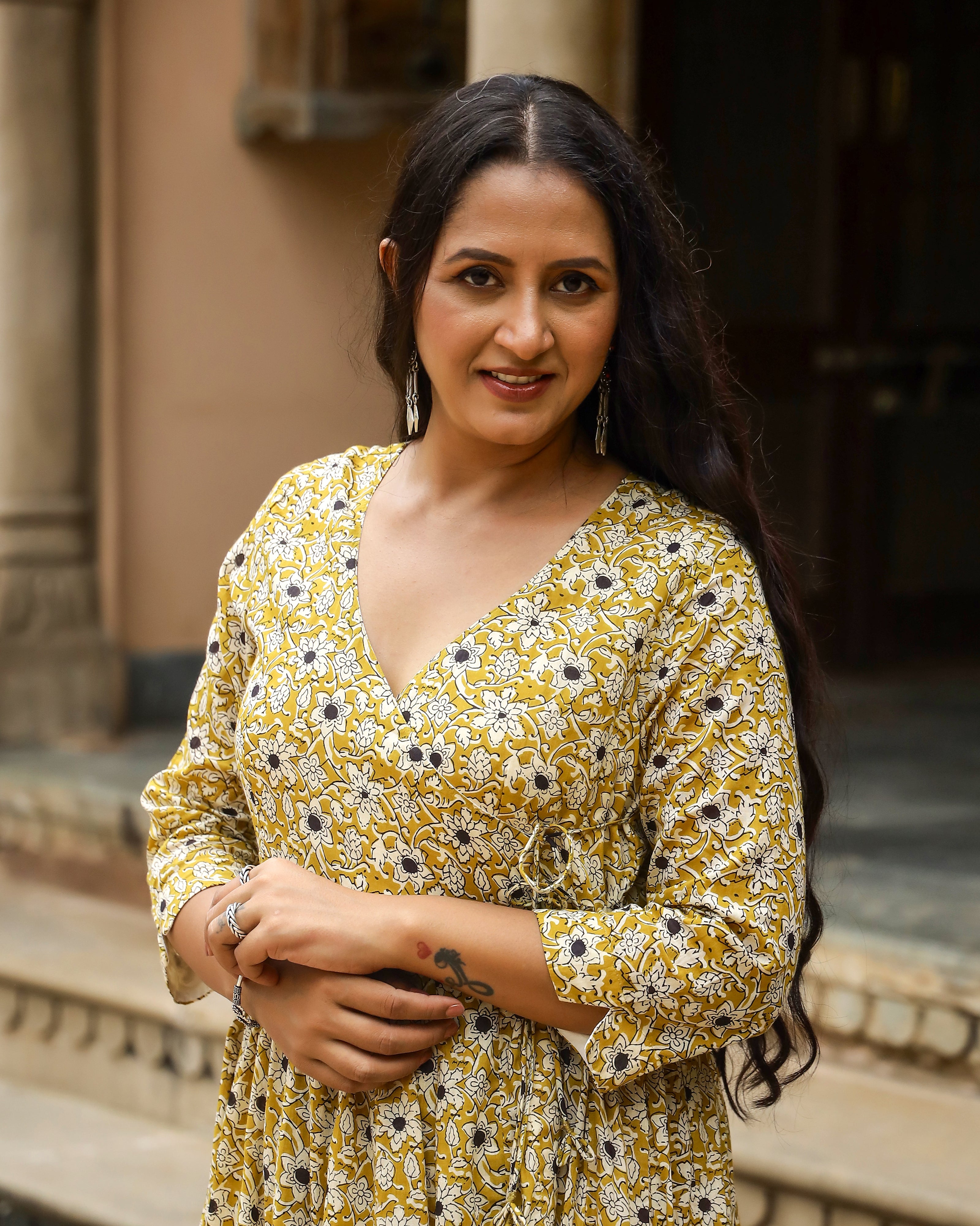 Mustard Bagru Jaal Print Angrakha Cotton Dress