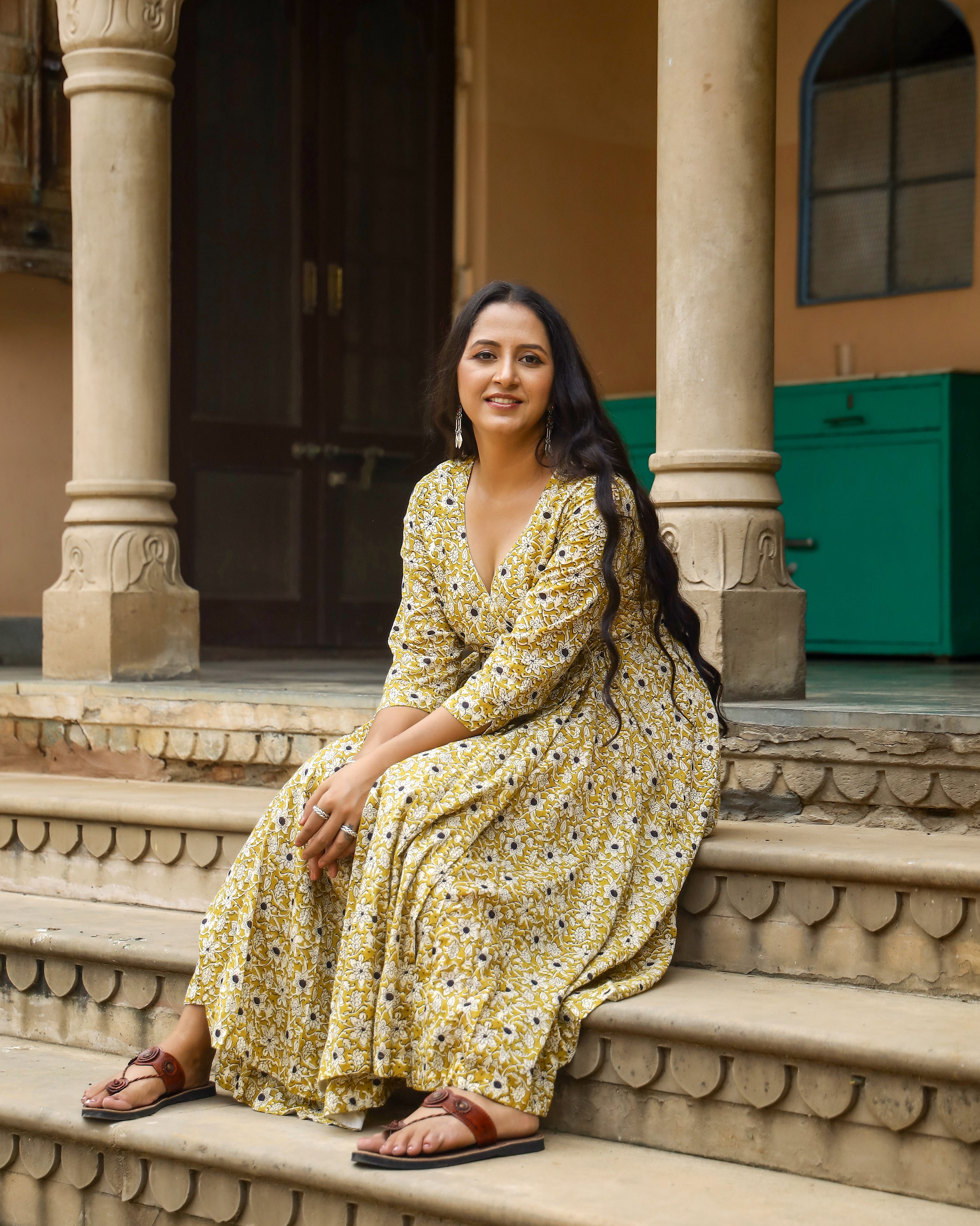 Mustard Bagru Jaal Print Angrakha Cotton Dress