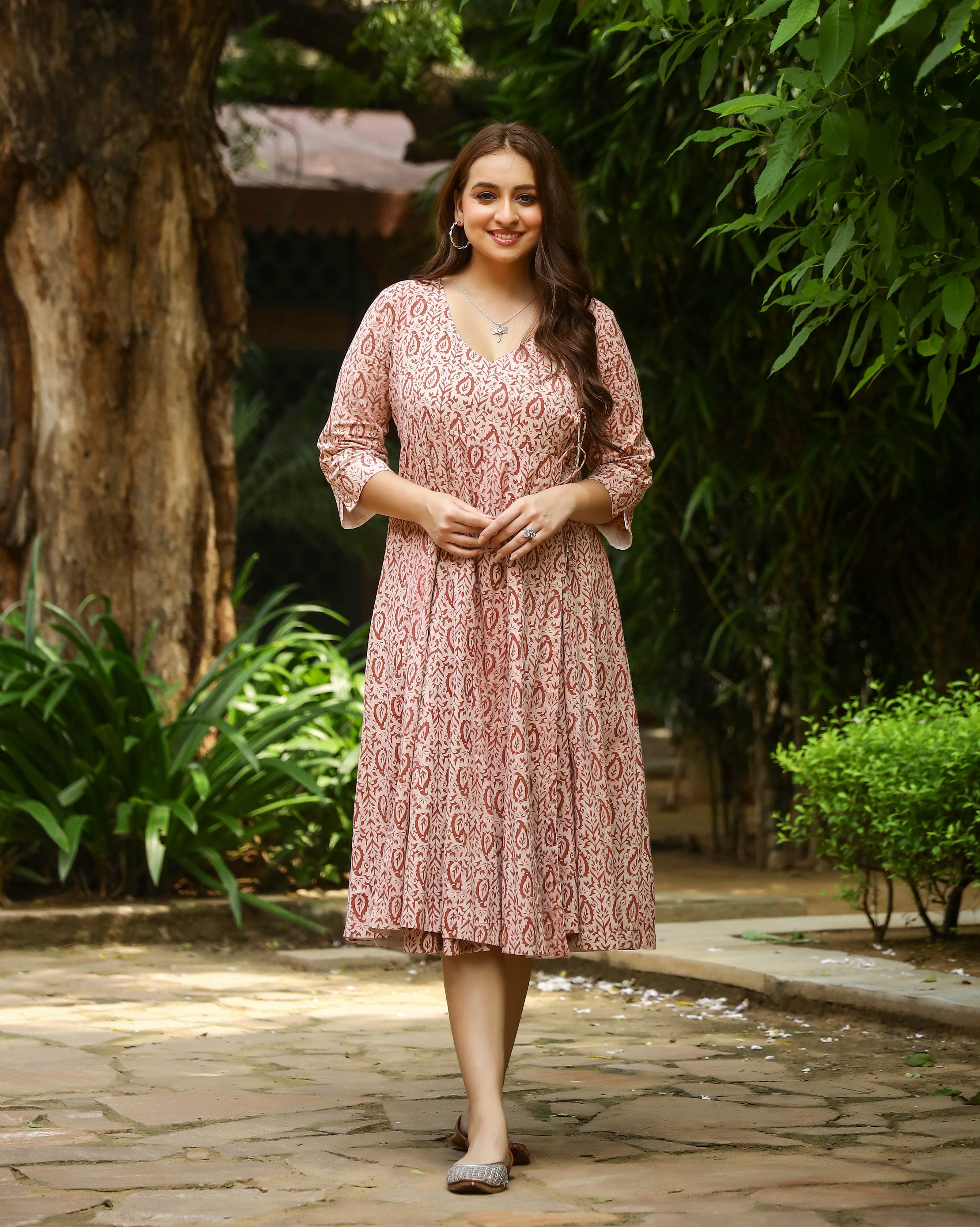 Peach Dabu Printed Angrakha Cotton Dress