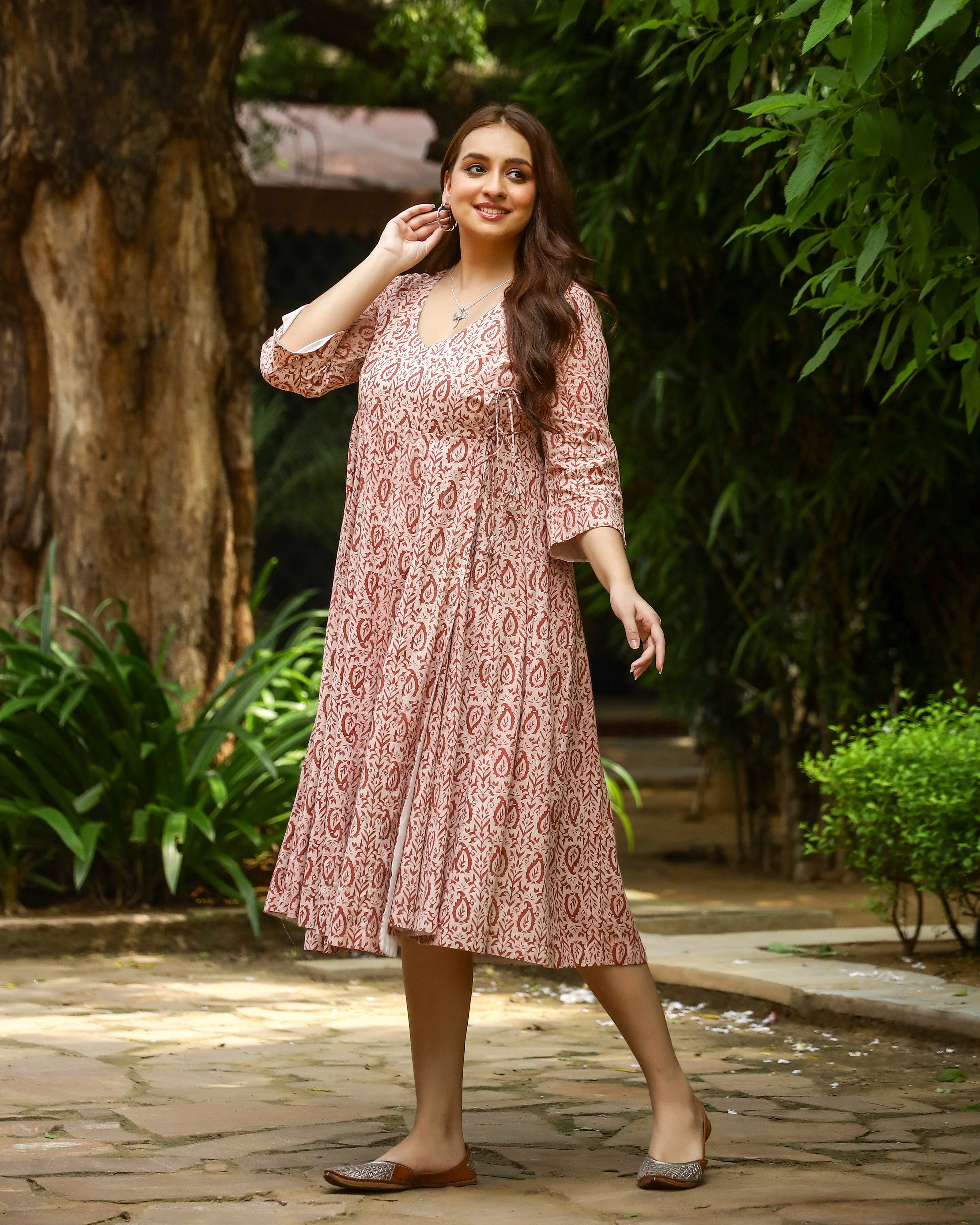 Peach Dabu Printed Angrakha Cotton Dress