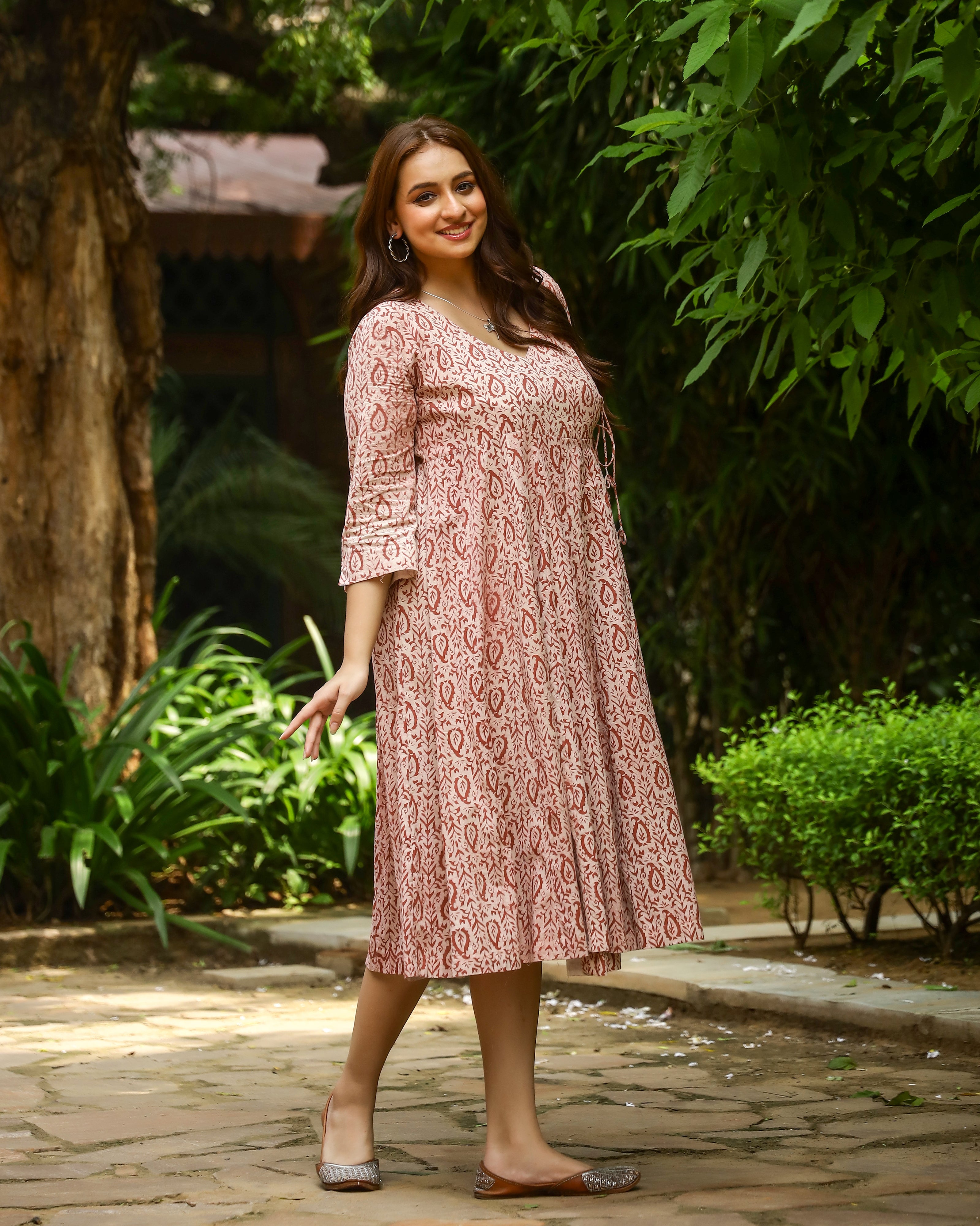 Peach Dabu Printed Angrakha Cotton Dress